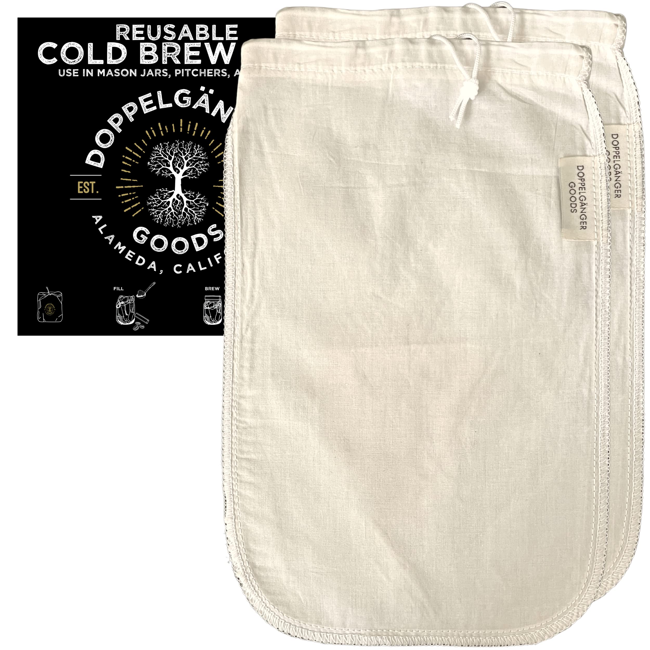 (2-Pack, Medium 8In X 12In) Organic Cotton Cold Brew Coffee Bag - Designed In California - Reusable Coffee Filter With Easyopen