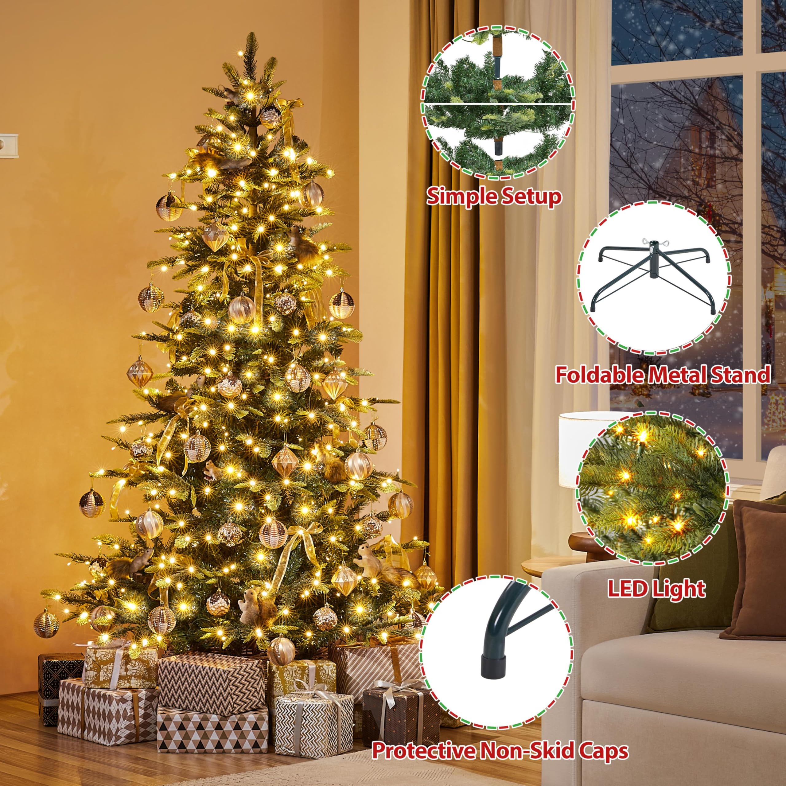 Yaheetech 6ft Pre-lit Aspen Fir Artificial Christmas Tree with 400 Warm White LED Lights Full Prelighted Xmas Tree w/828 Branch