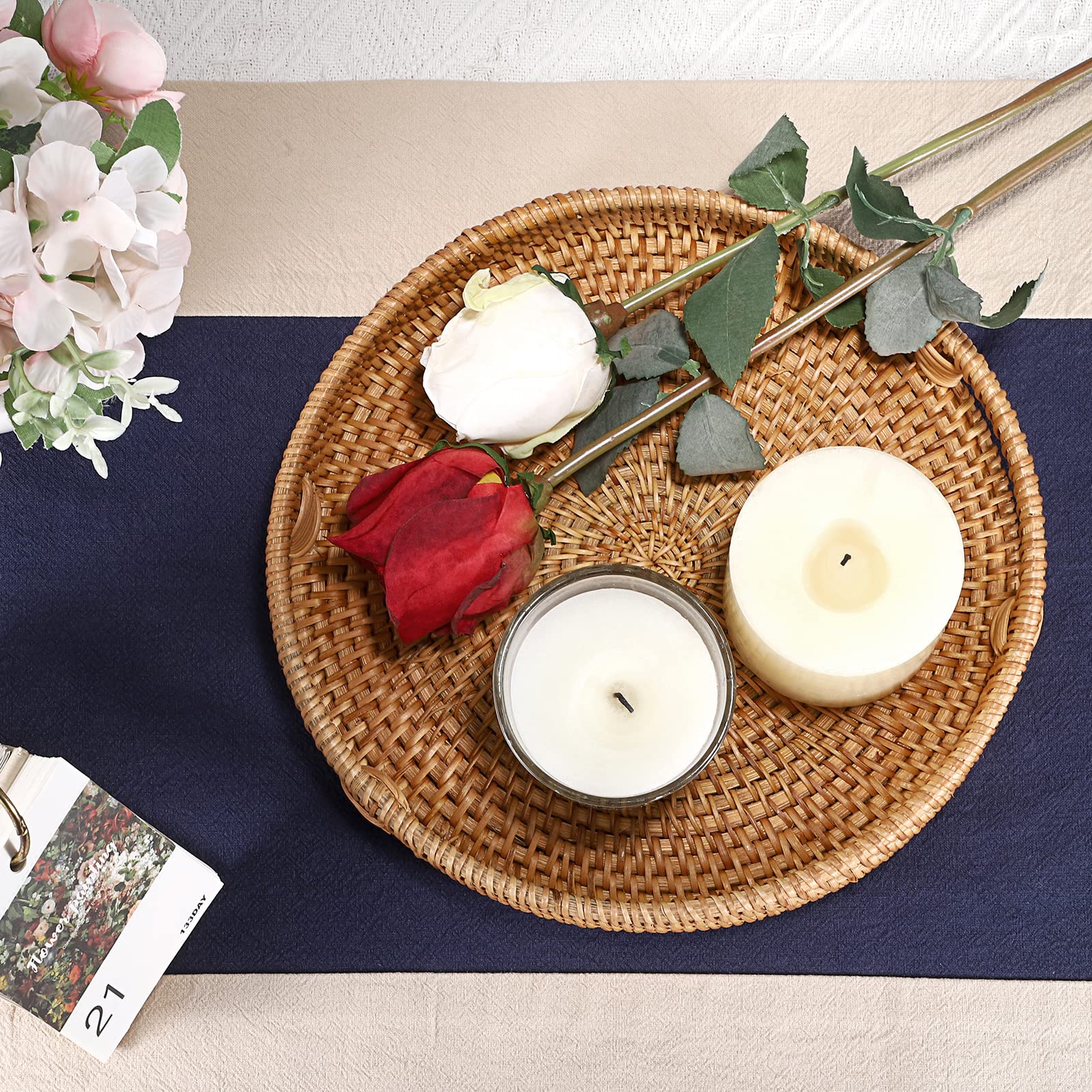 Hipiwe 10'' Round Rattan Serving Tray With Handles, Hand-Woven Decorative Organizer Tray For Storage Breakfast Drinks Snack, Cen
