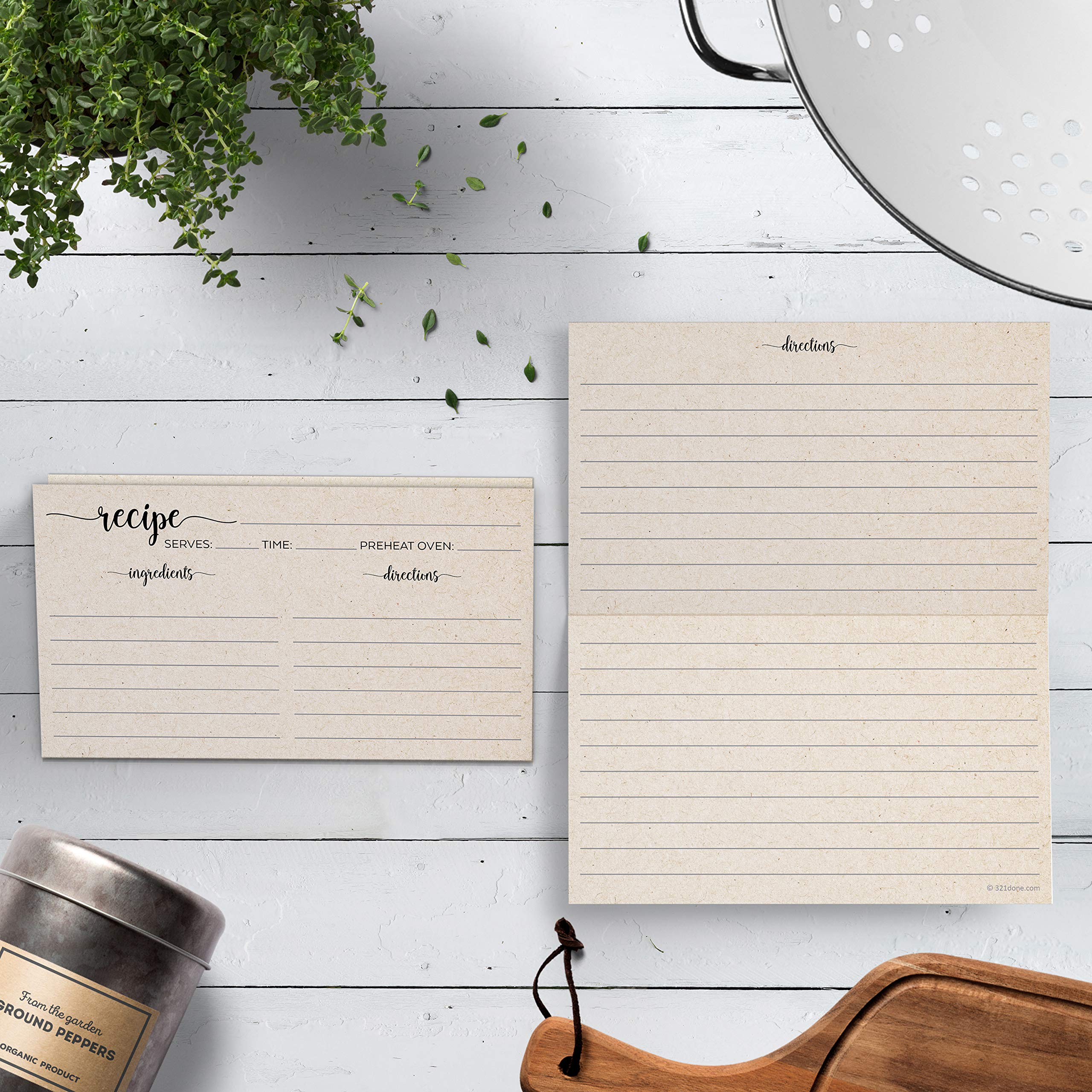 321Done Folding Recipe Cards (Set Of 50) Folds To 3X5 From 6X5 - Rustic Kraft Tan Minimalist - Retro Vintage Luxury Double-Sided