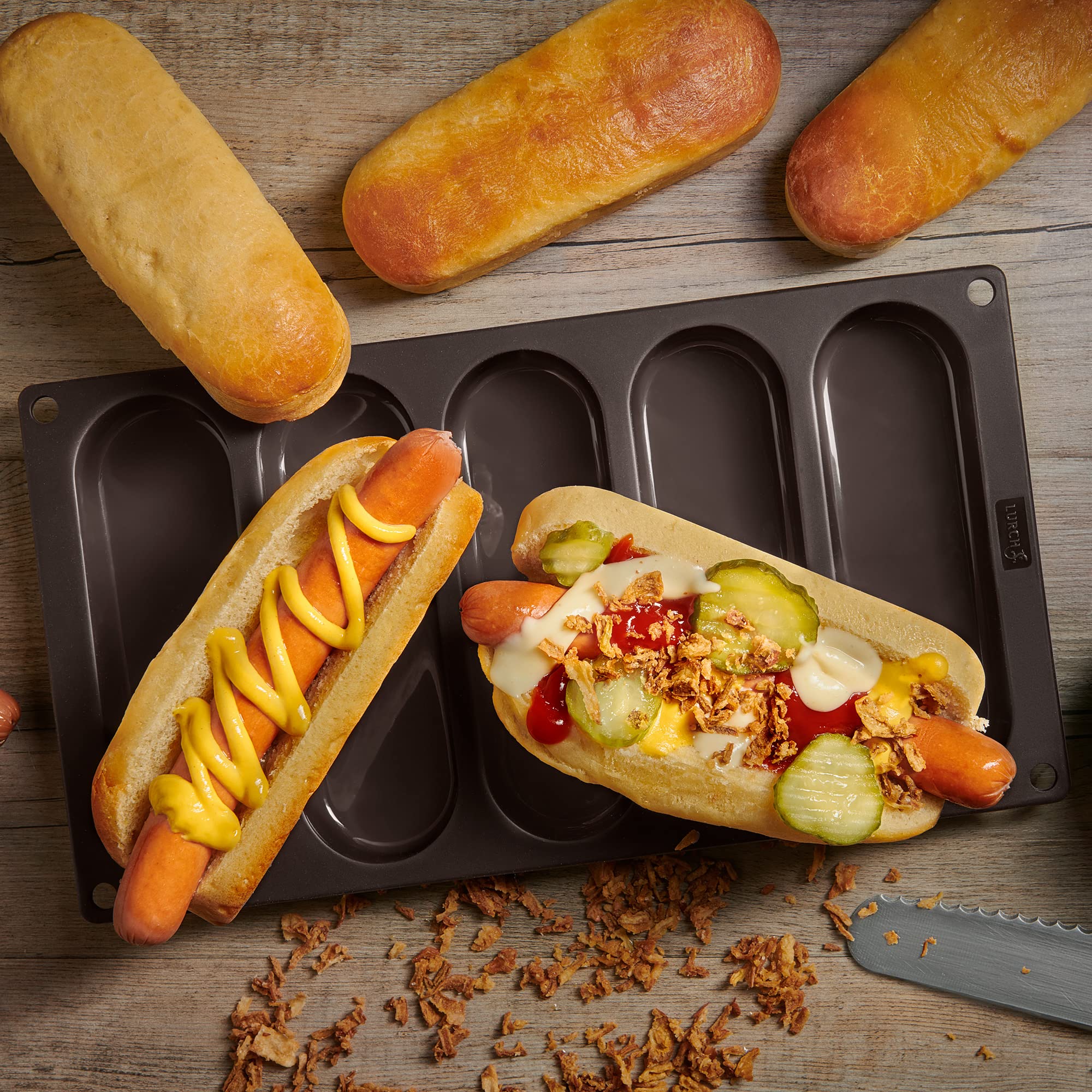 Lurch Germany Hot Dog Buns Mold | Silicone Non-Stick Flexiform Baking Pan | 6-Inch Hotdog Shaped Bread, Rolls, Cake And Eclair T