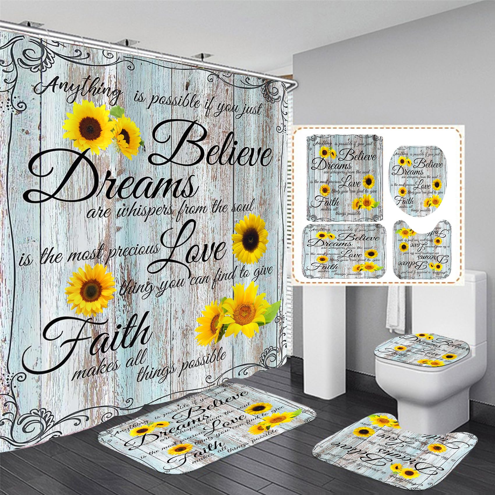 Azhm 4Pcs Farmhouse Shower Curtain Sets Sunflower Bathroom Decor Set Inspirational Quotes Bathroom Curtain Shower Set With Rugs