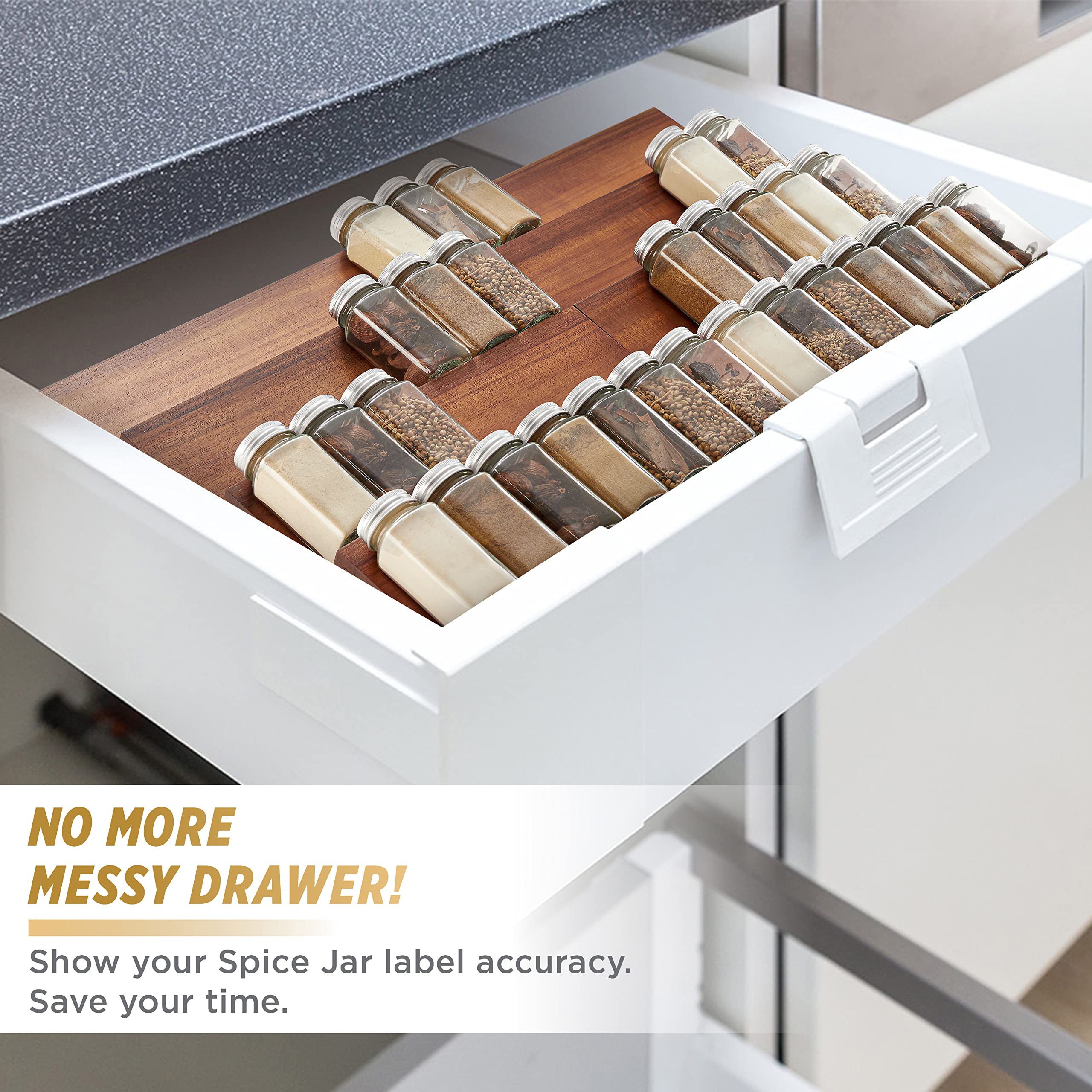 Tinamo Wood Spice Drawer Organizer - Acacia Wooden Tray Spice Racks Organizer for Cabinet Storage Shelf - 4 Tier Spice Rack Orga