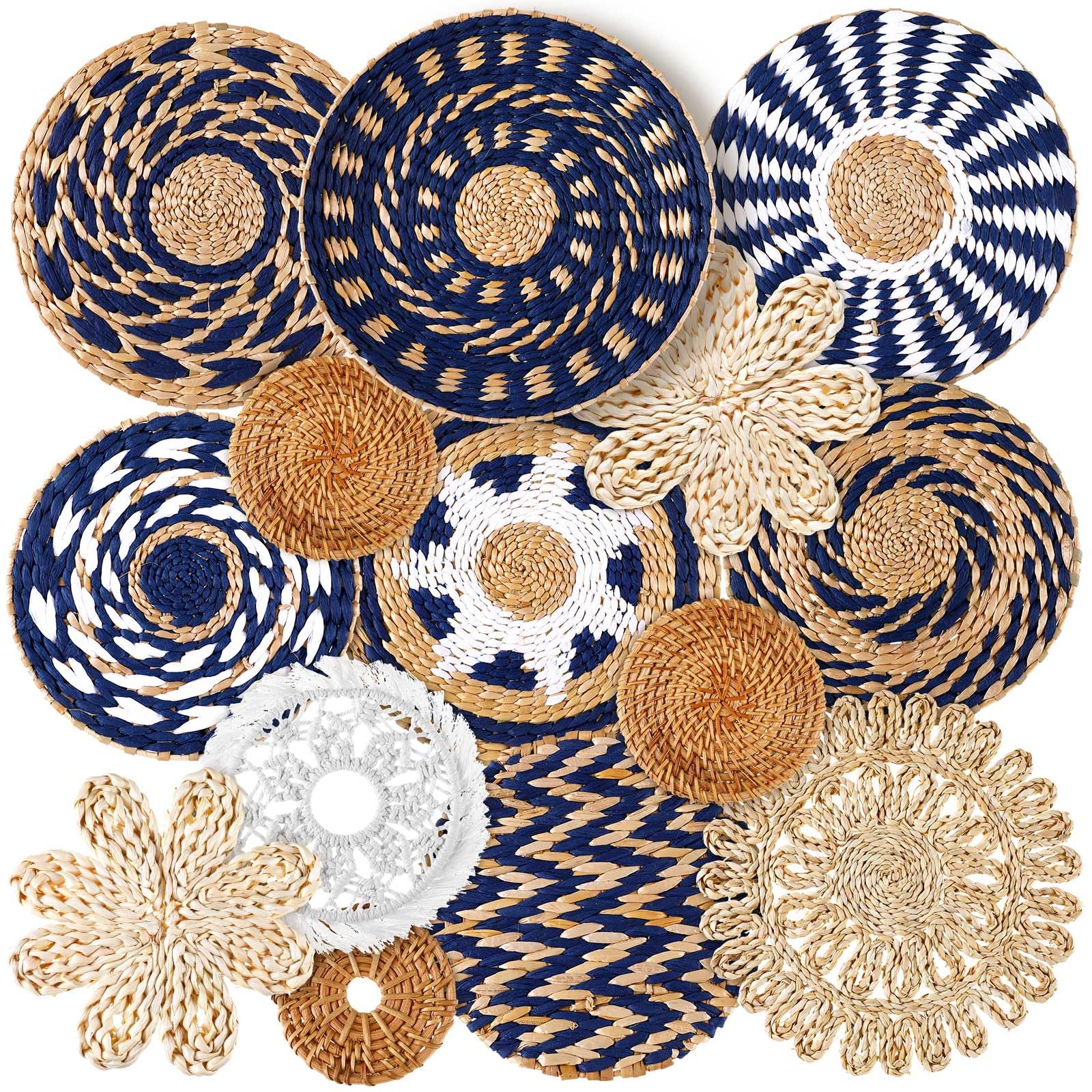 Xuhal 15 Pcs Boho Wall Basket Decor Handcrafted Seagrass Woven Wall Basket Rustic Round Woven Hanging Art for Home Farmhouse Kit