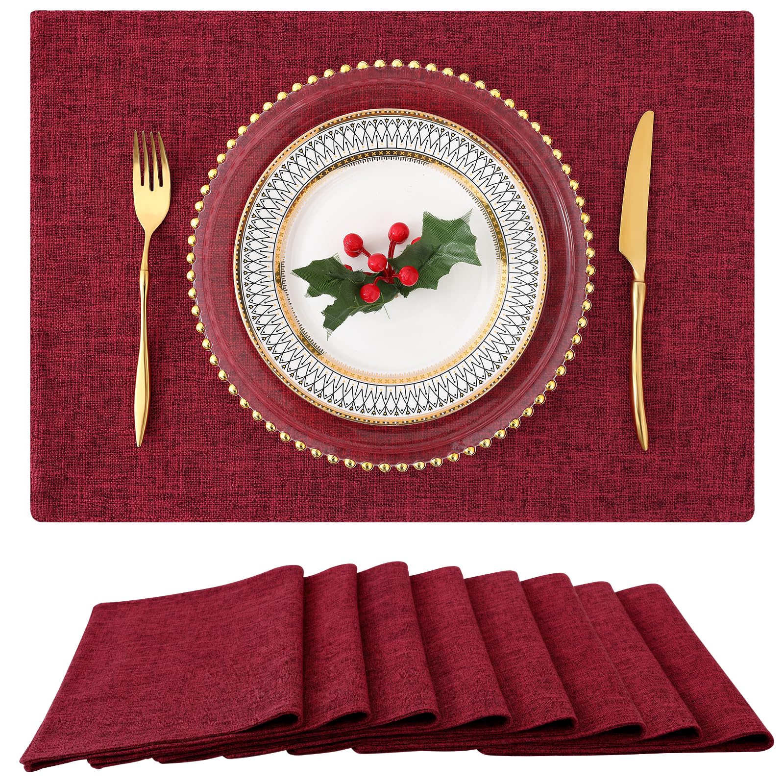 Homing Red Cloth Placemats Set Of 8 - Cotton Linen Blend Washable Farmhouse Dining Table Mats For Christmas, Easy To Clean, 13 X