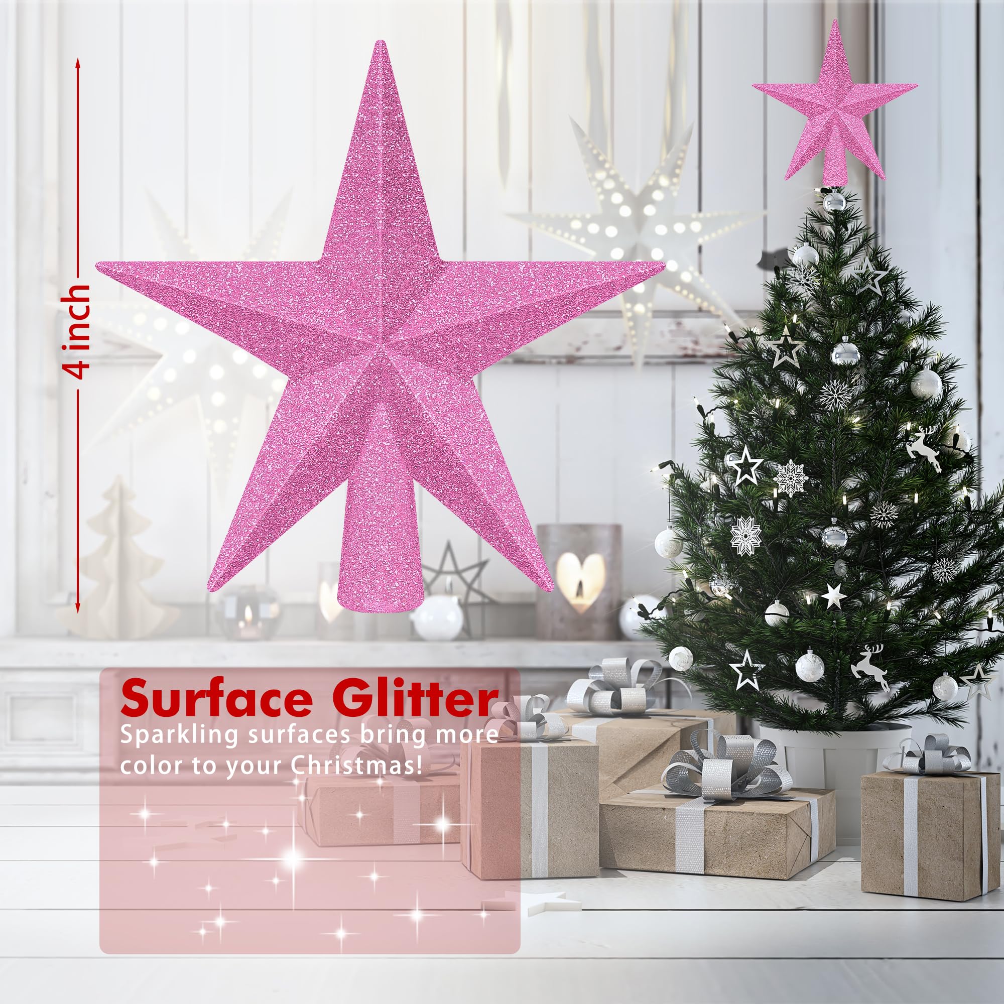 1PCS Christmas Tree Star Topper, 4 3D Pink Xmas Tree Topper Decorations, Glitter Shatterproof Mini Bethlehem Star Tree Decor, Wa