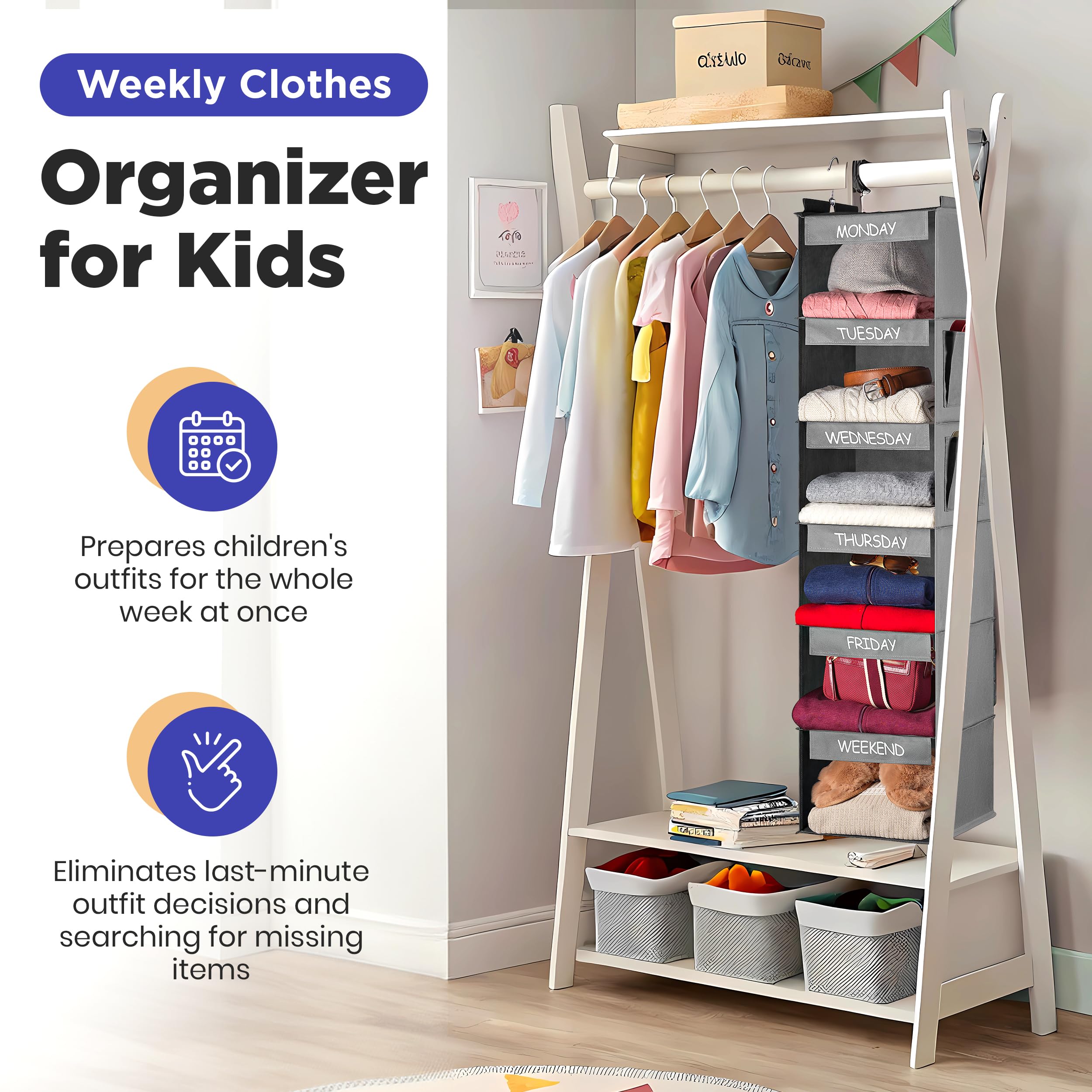 Handy Laundry Daily Activity Kids Closet Organizer, 11 X 11 X 48, Prepare & Organize A Weeks Worth Of Your Childrens Clothing, S