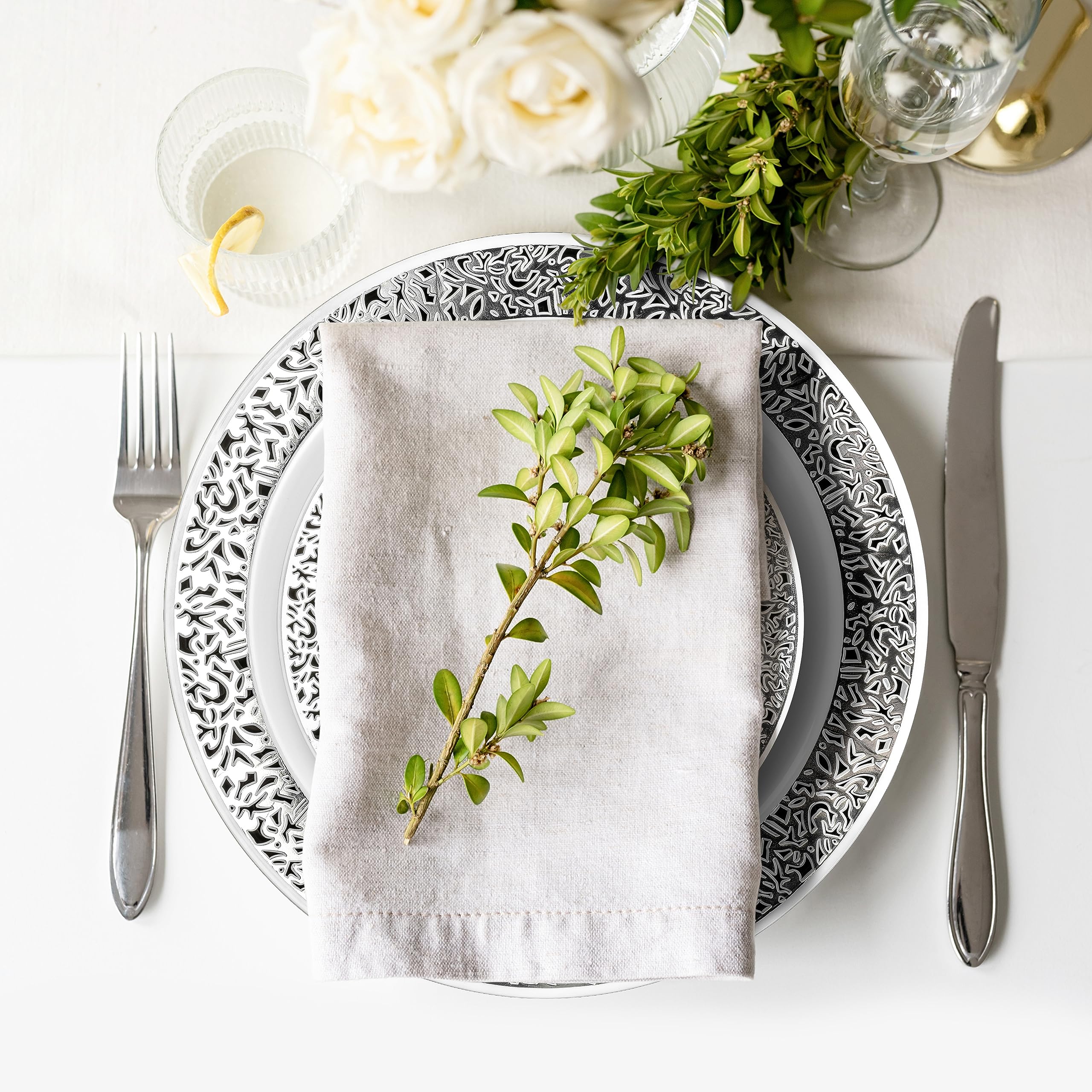 Matana 40 Sliver Plastic Plates With White & Silver Lace Trim - 20 Dinner Plates 10.25'' Inch, 20 Salad Dessert Appetizer Plates