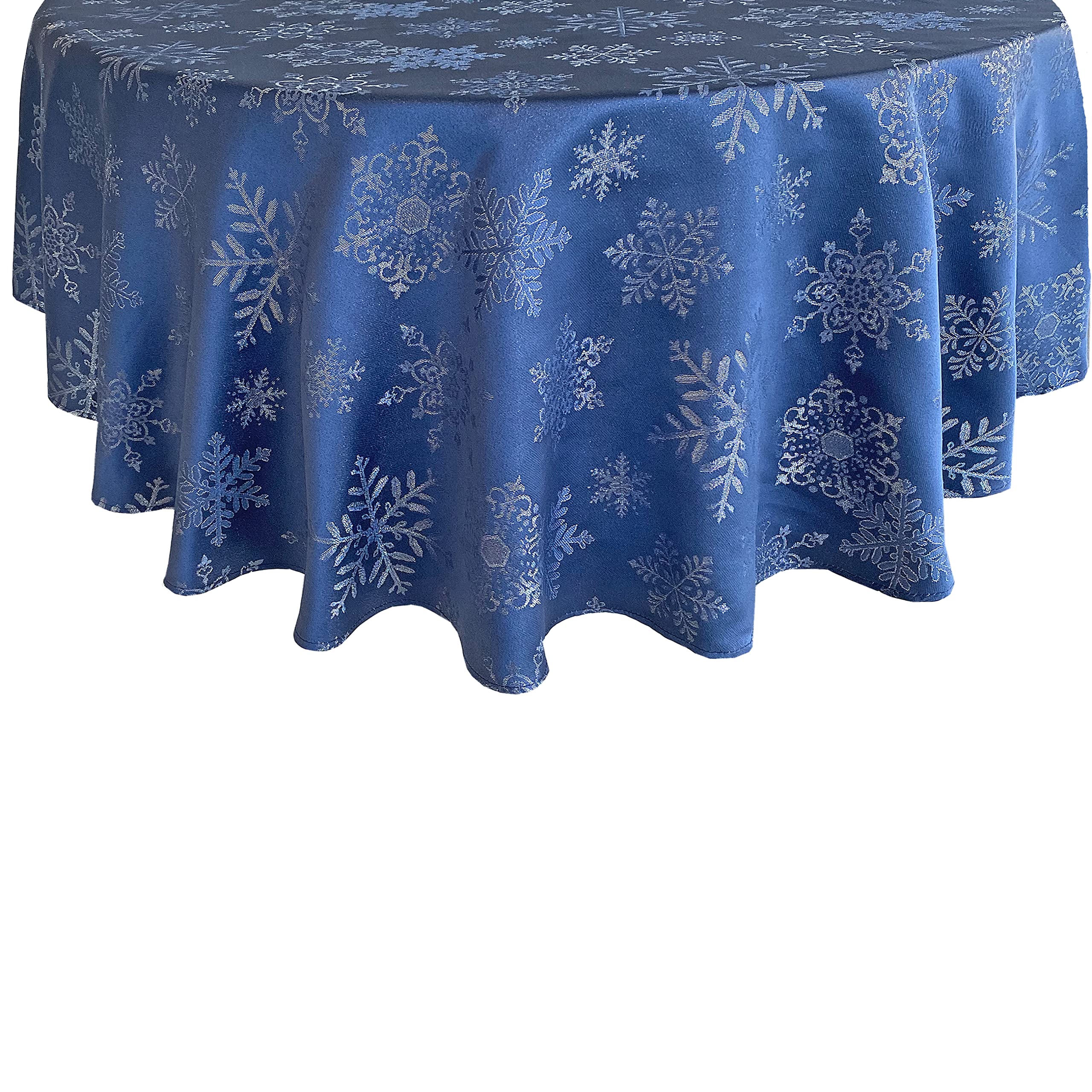 Newbridge Fancy Metallic Snowflake Christmas No-Iron Soil Resistant Fabric Holiday Tablecloth  Sparkling Snowflakes Lurex Woven Easy Care Tablecloth  60 Inch x 84 Inch Oval  Navy/Silver