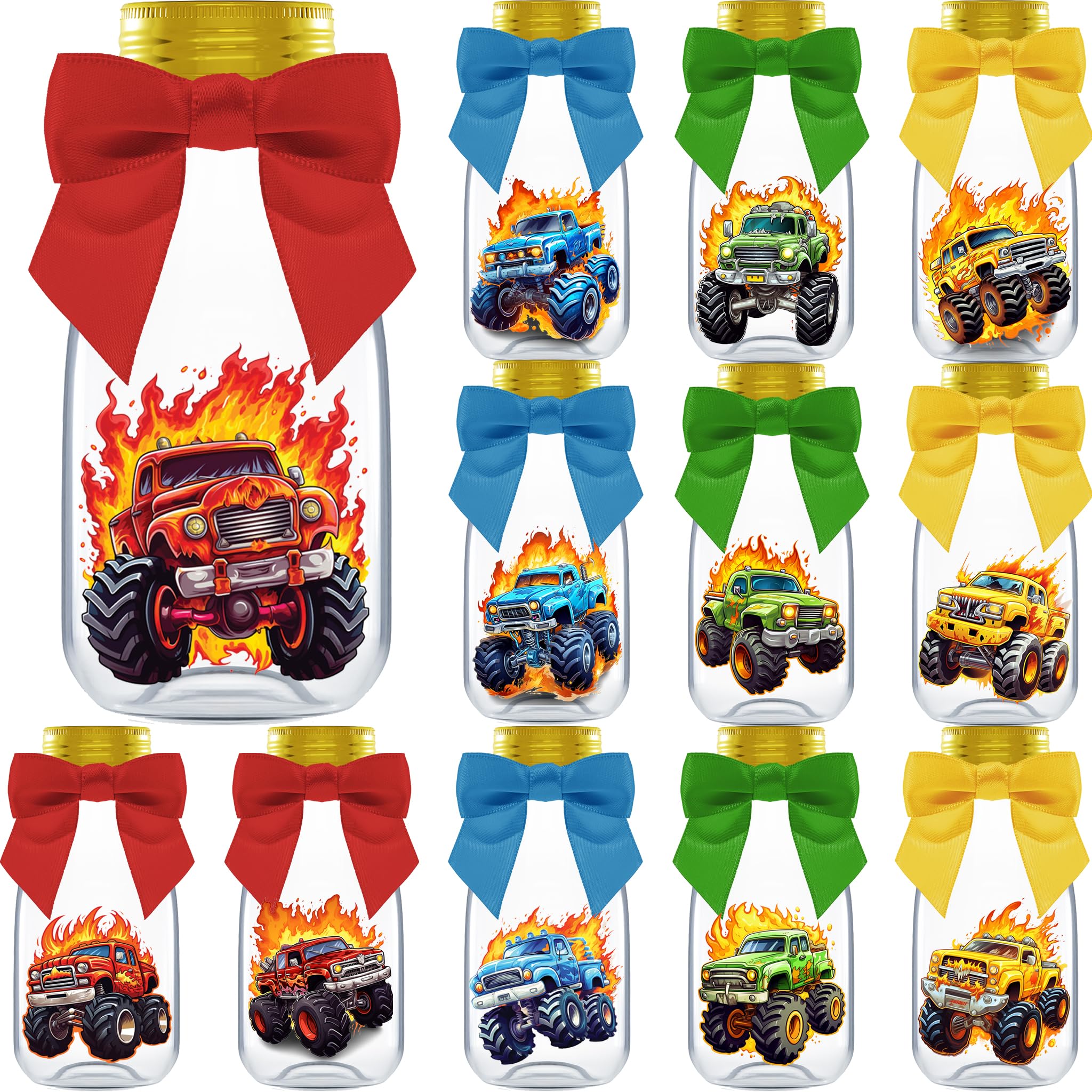 Ethisa Small 12 Pack Monster Truck Party Favors - DIY Candy Jars with Ribbons and Stickers - Party Decoration Bottles for Birthd