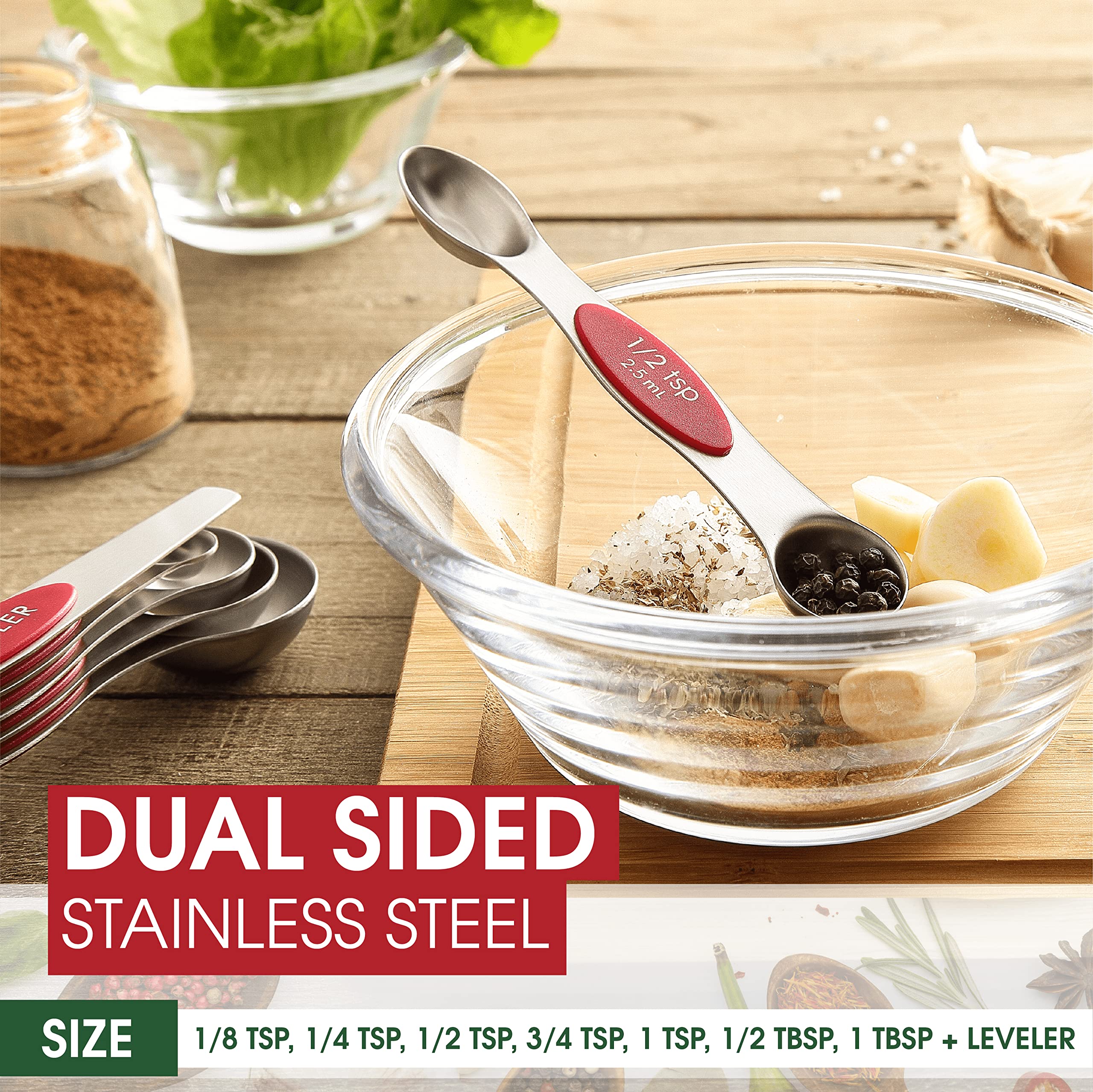 Spring Chef Magnetic Measuring Spoons Set, Dual Sided, Stainless Steel, Fits In Spice Jars, Red, Set Of 8