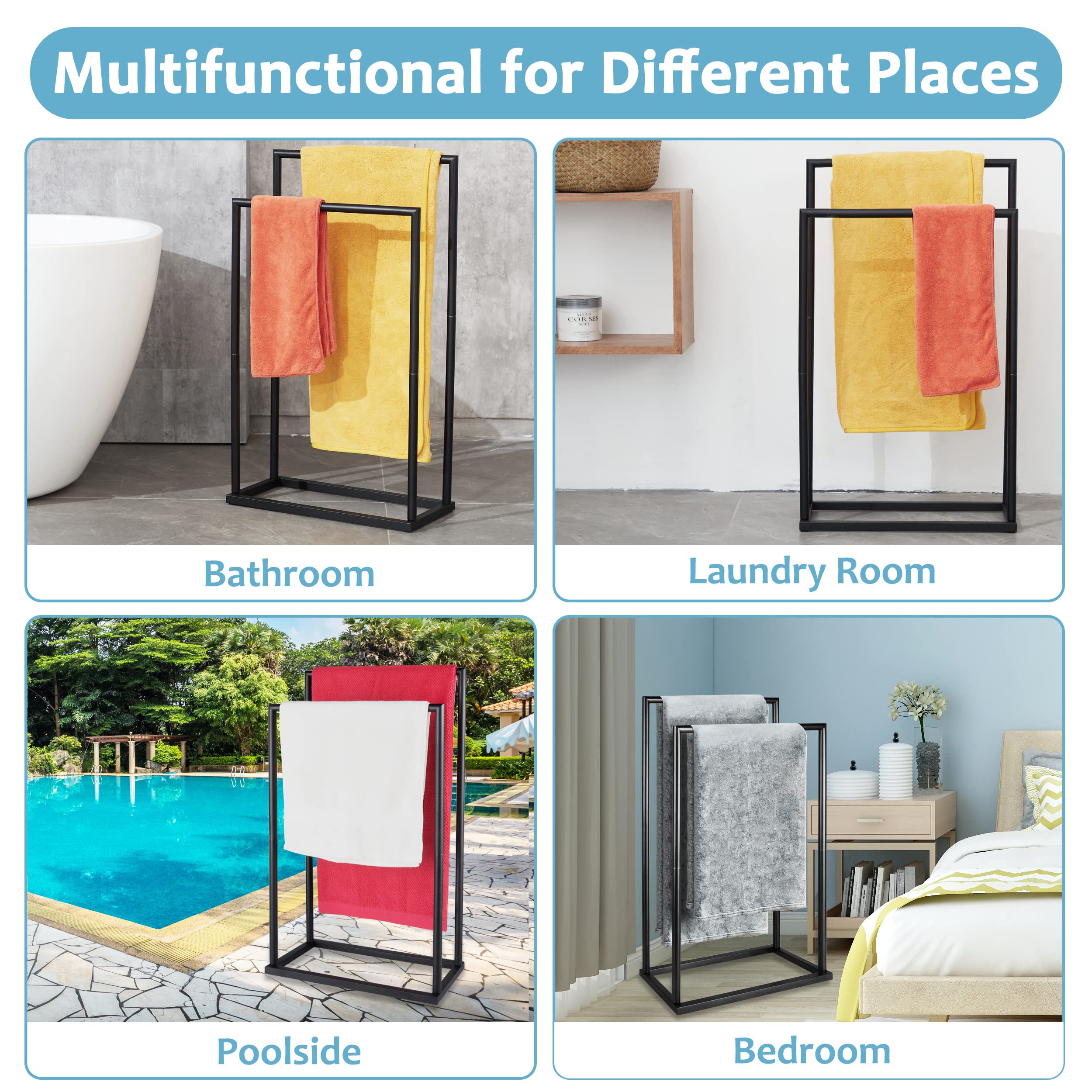 DECLUTTR Free Standing Towel Rack - 2 Tier Stainless Steel, Matt Black, Model STR10-B, Outdoor Towel Drying Rack with Storage Shelves