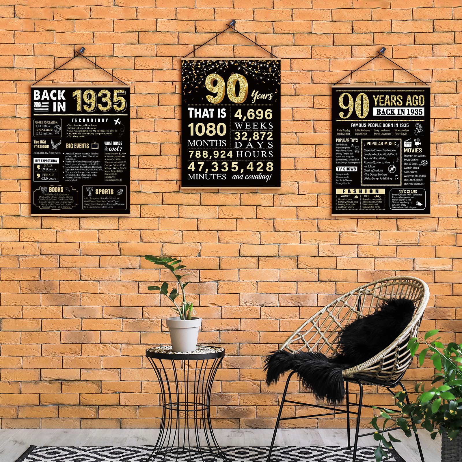 90 Years Ago 90th Birthday Wedding Anniversary Poster 3 Pieces 11 x 14 30s Party Decorations Supplies Large Sign Home Decor Black & Gold Wall Art Prints for Men and Women (Back in 1934-90 Years)