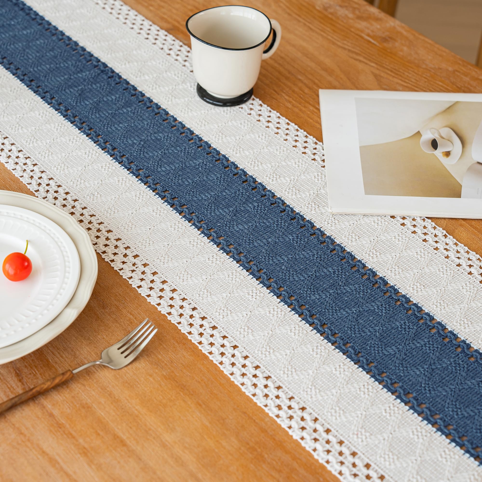 FEXIA Boho Table Runner for Home Decor with Tassels 60 Inches Long,Blue Farmhouse Rustic Table Runner Macrame Burlap Table Decor