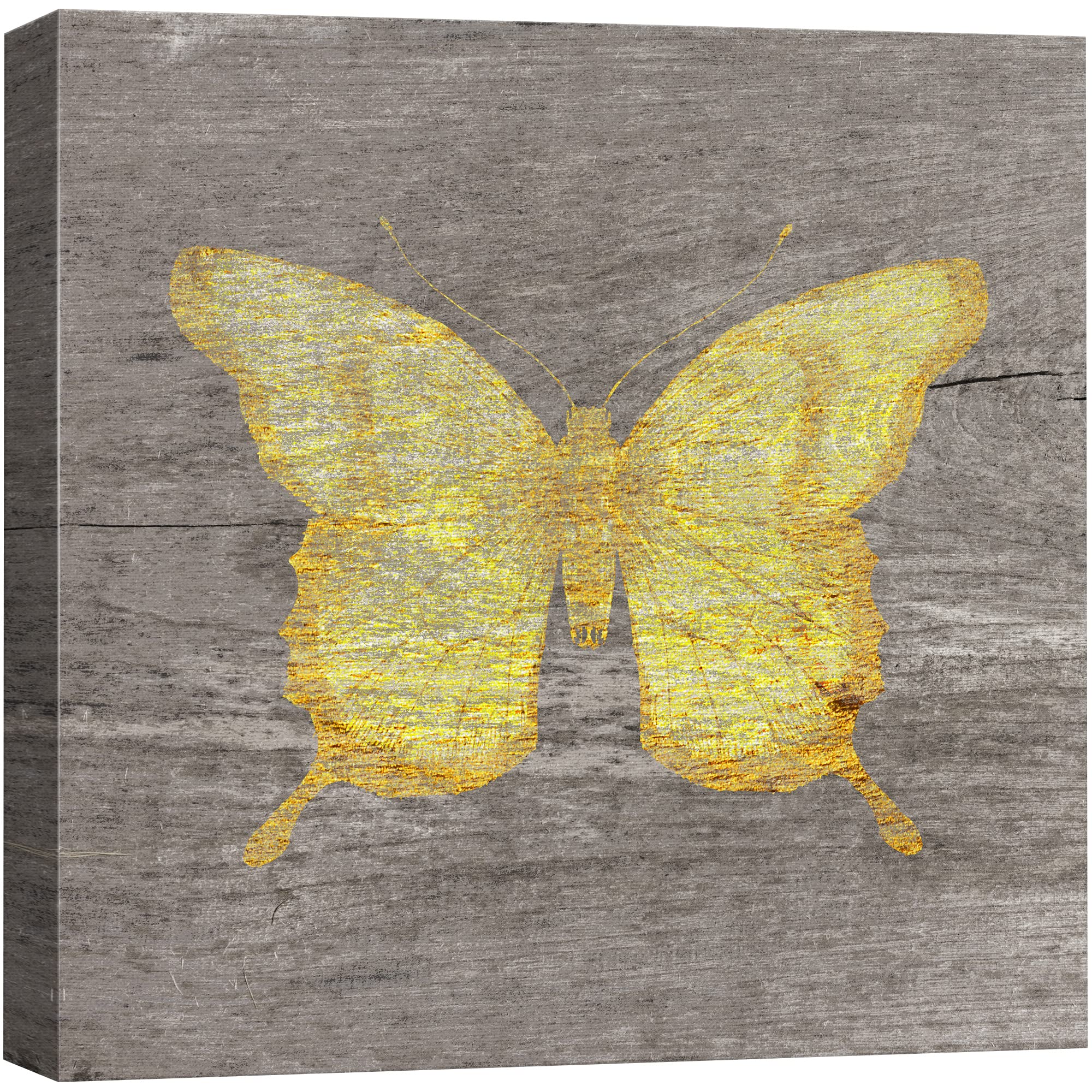 Wall26 Canvas Print Wall Art Yellow Wood Effect Butterfly Nature Plants Wood Panels Modern Art Farmhouse/Country Colorful Multic