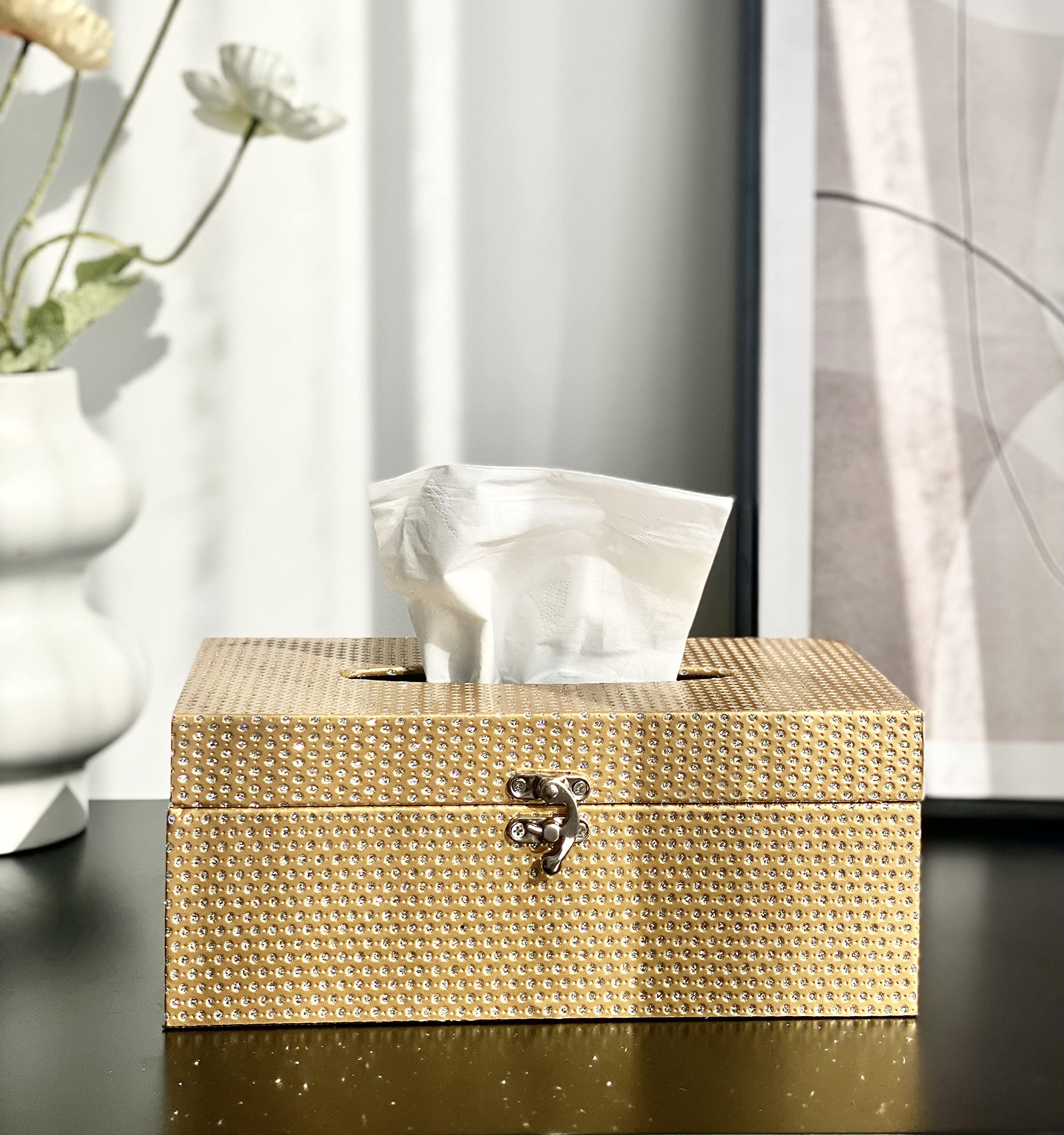 Mode Home Gold Tissue Box Cover Rectangular, Decorative Tissue Box Holder With Lock For Bedroom, Living Room, Bathroom, Dryer Sh