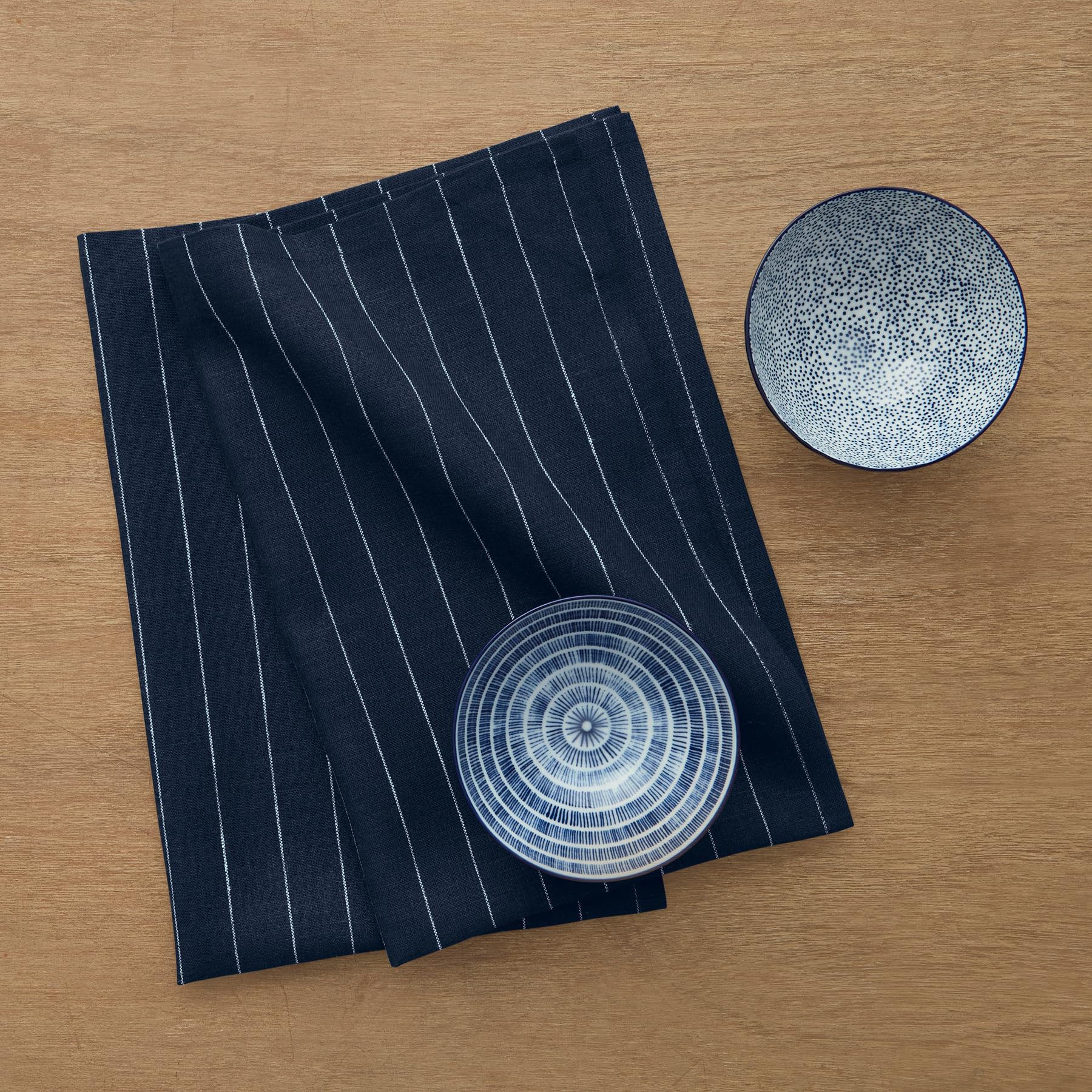 Solino Home Linen Kitchen Towels Set Of 2 - Navy And White 17 X 26 Inch - 100% Pure Linen Pinstripe Kitchen/Tea Towels - Machine