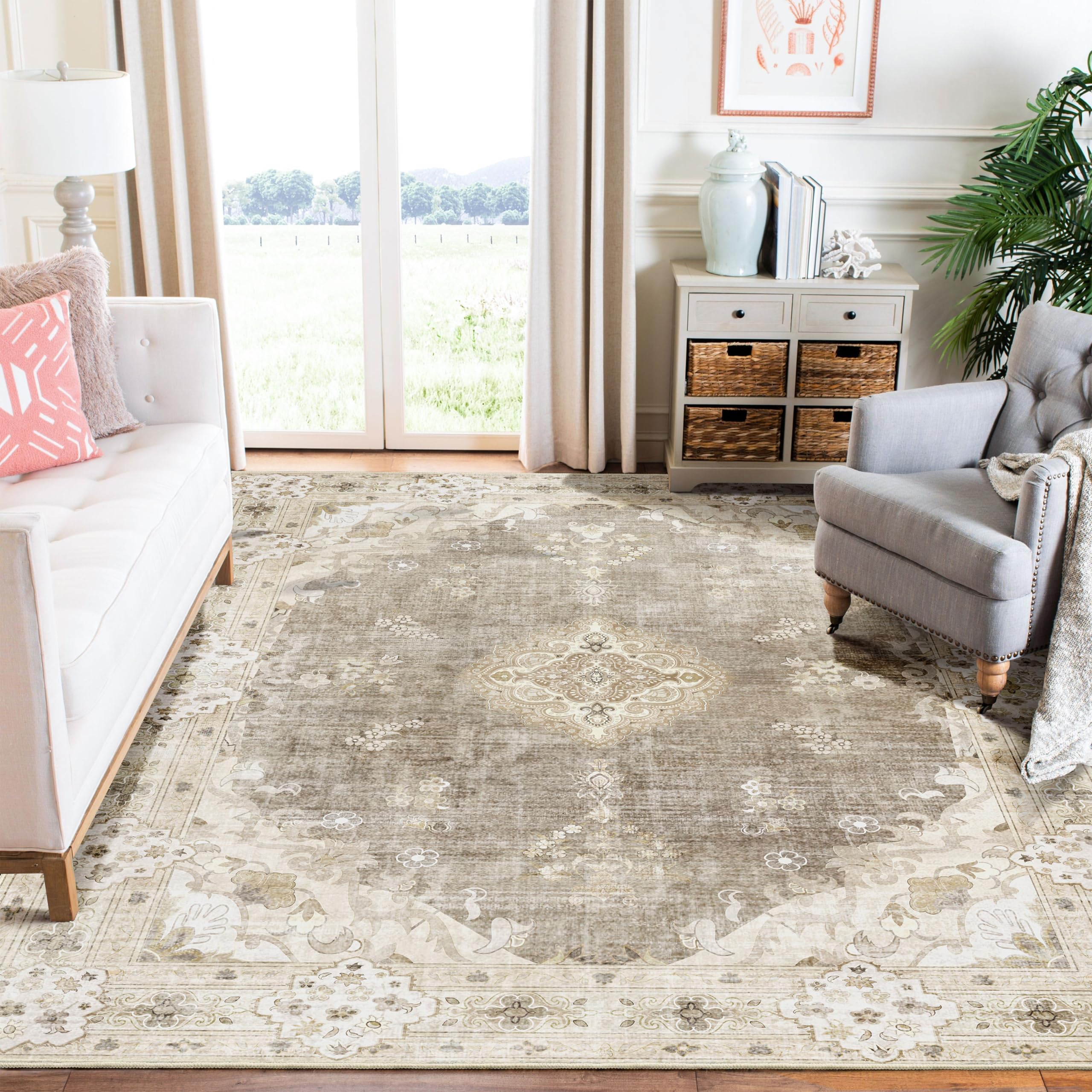 MUJOO Beige Rug 6x9,Washable Area Rugs for Living Room Bedroom Dining Room, Large Boho Vintage Farmhouse Distressed Non Slip C