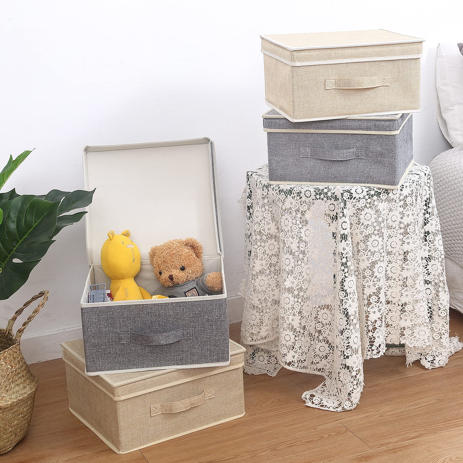 Domeraax Storage Bins With Lid, Foldable Clothing Storage Box Case With Handle For Toy, Books, Closet, Bedroom, Home, Gray+Apric