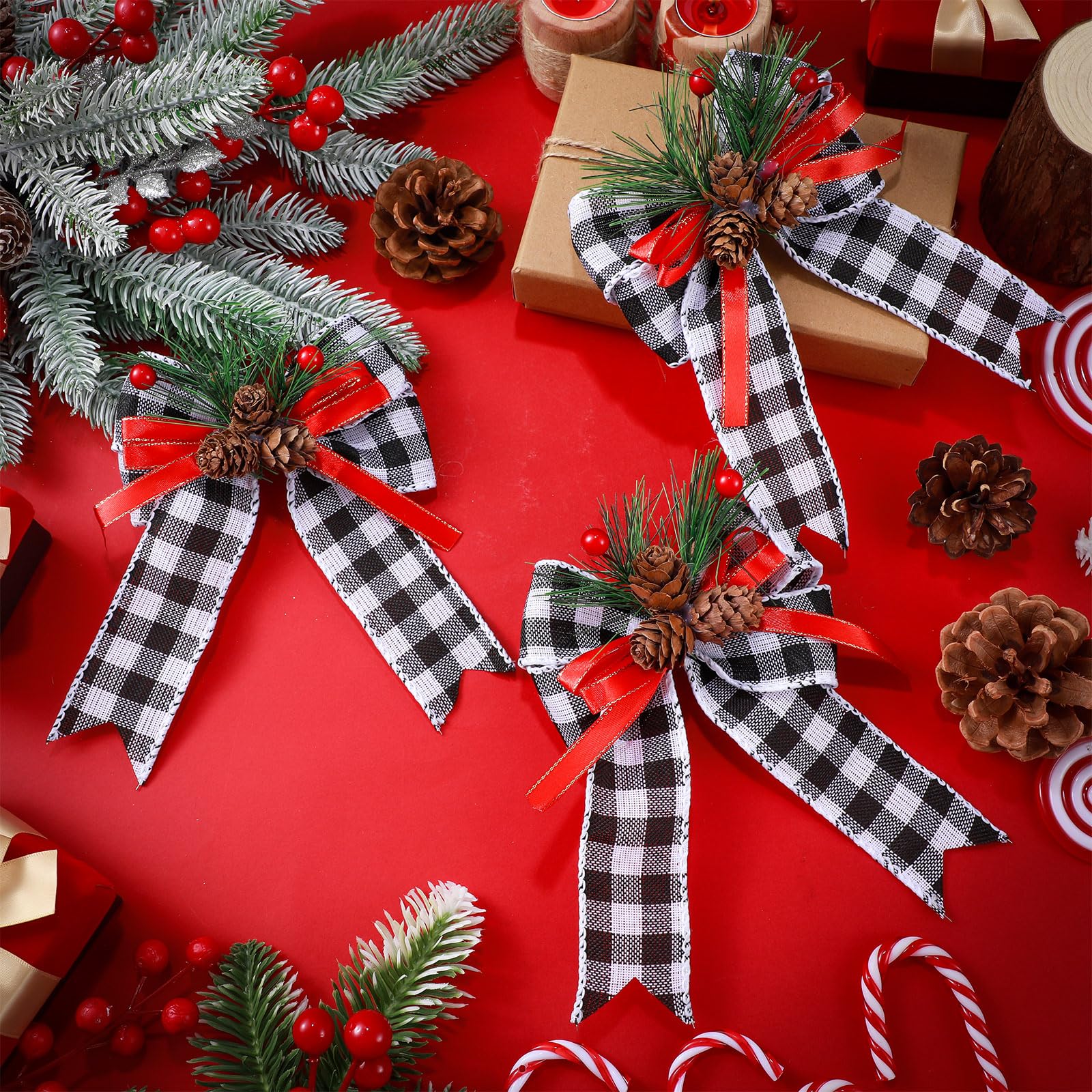 Syhood 6 Pcs Christmas Bows with Pine Cones Pine Needles Xmas Plaid Bows Black White Ribbon Christmas Tree Wreath Decoration for