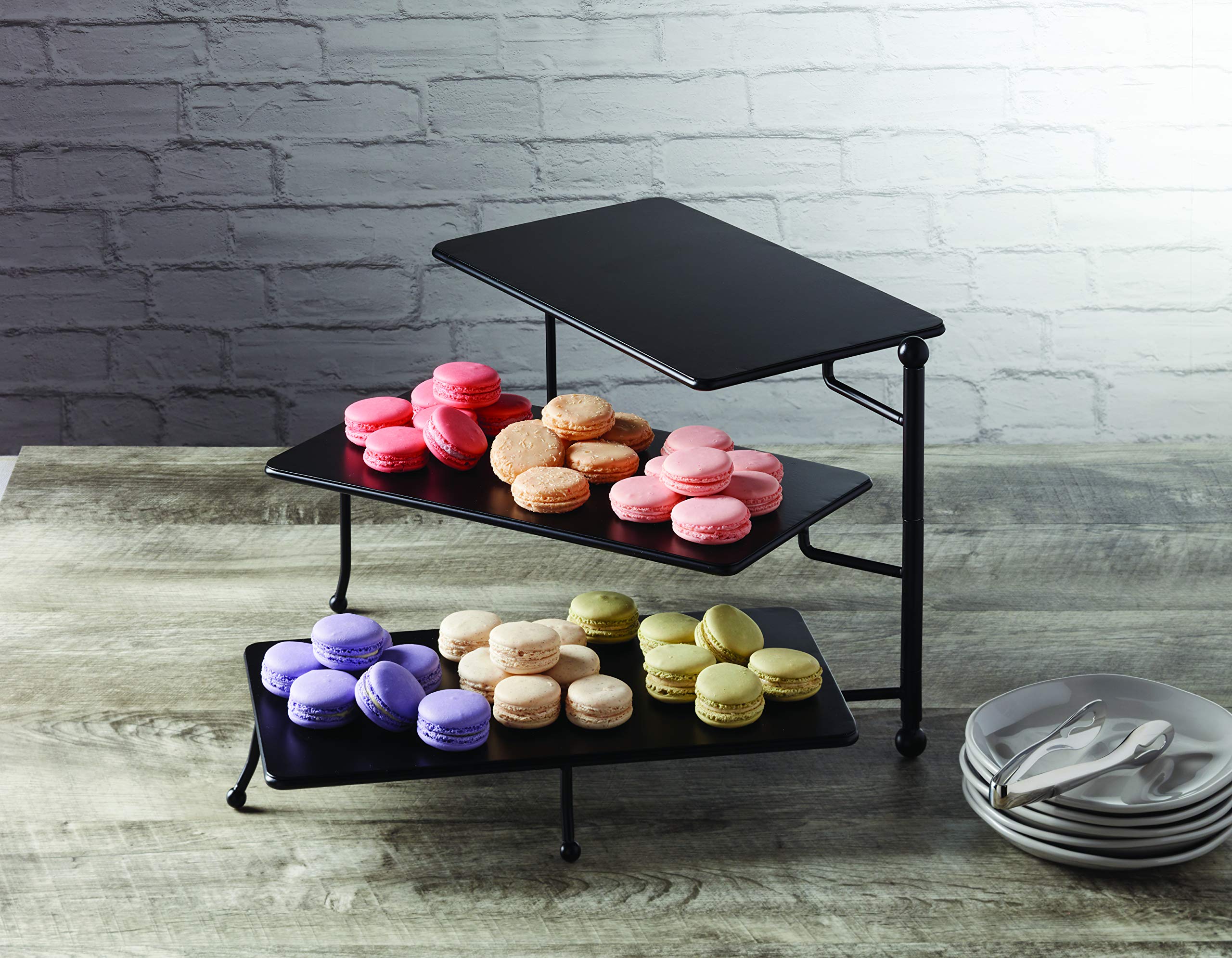 American Metalcraft Tprec3 Rectangular Three-Tier Stand, Foldable, Black