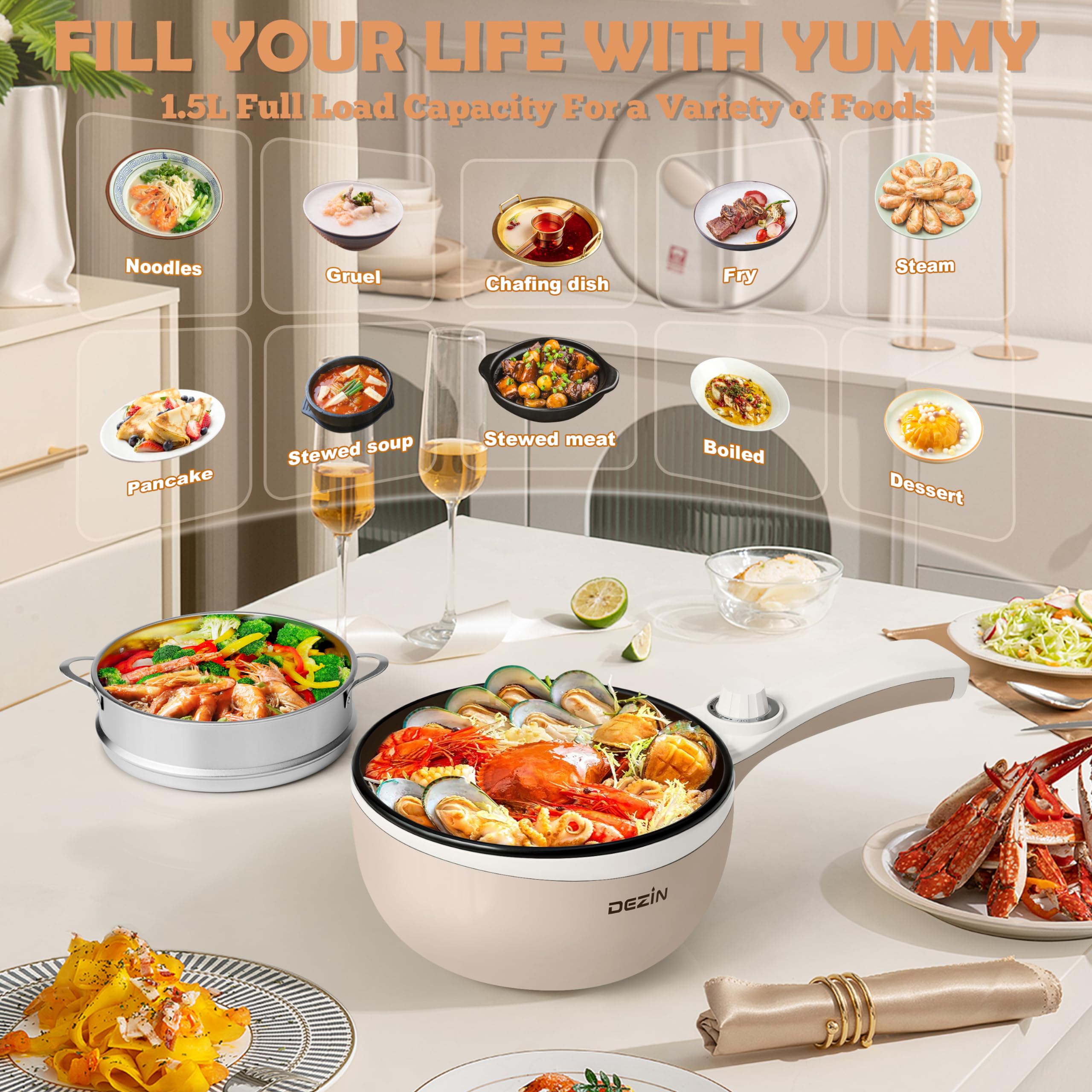 Dezin Hot Pot Electric Upgraded, Non-Stick Saut   Pan, Rapid Noodles Electric Pot, 1.5L Mini Portable Hot Pot For Steak, Egg, Fr