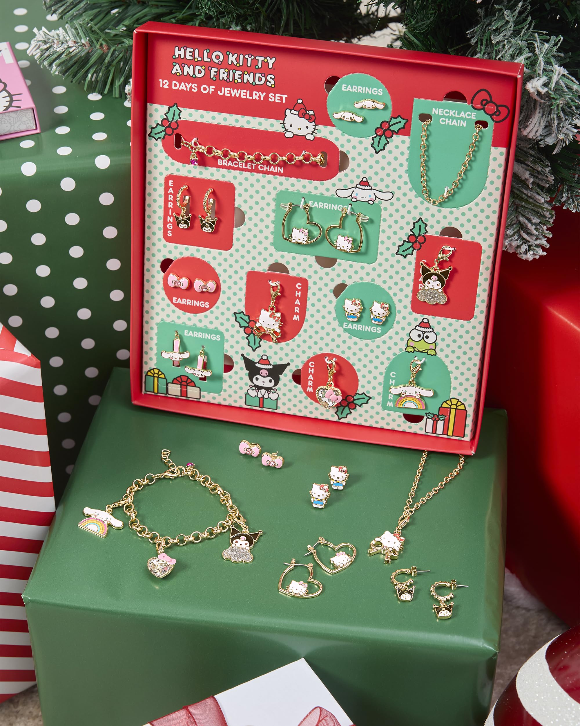 Hello Kitty and Friends Jewelry Advent Gift Set: 12 Piece Earrings Necklace Bracelet & Charms Mix & Match Christmas Set