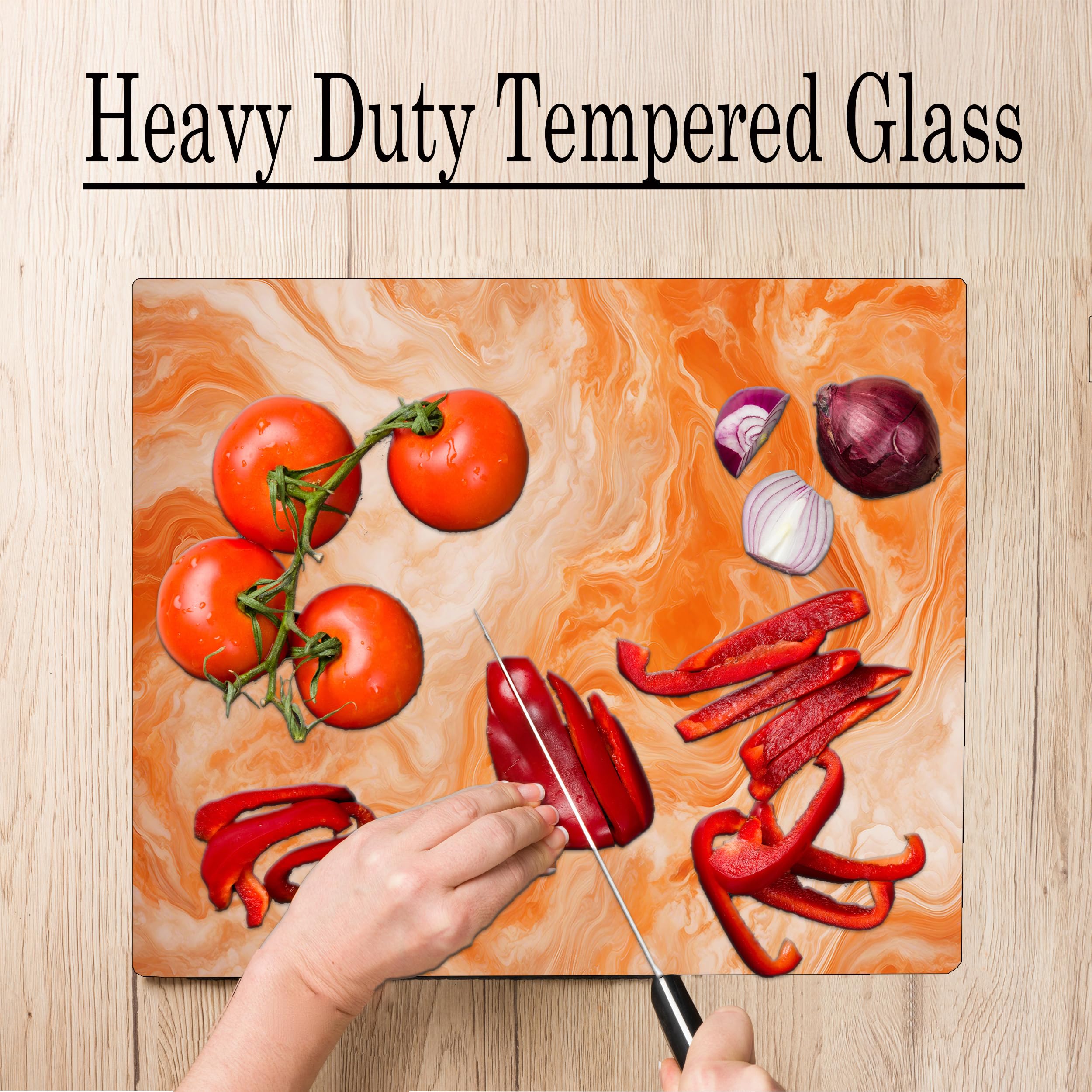 Orange White Marble Kitchen Glass Cutting Board Ocean Decorative Gift Marbled Granite Stone Rock Gift For Her Mom Wife (Orange M