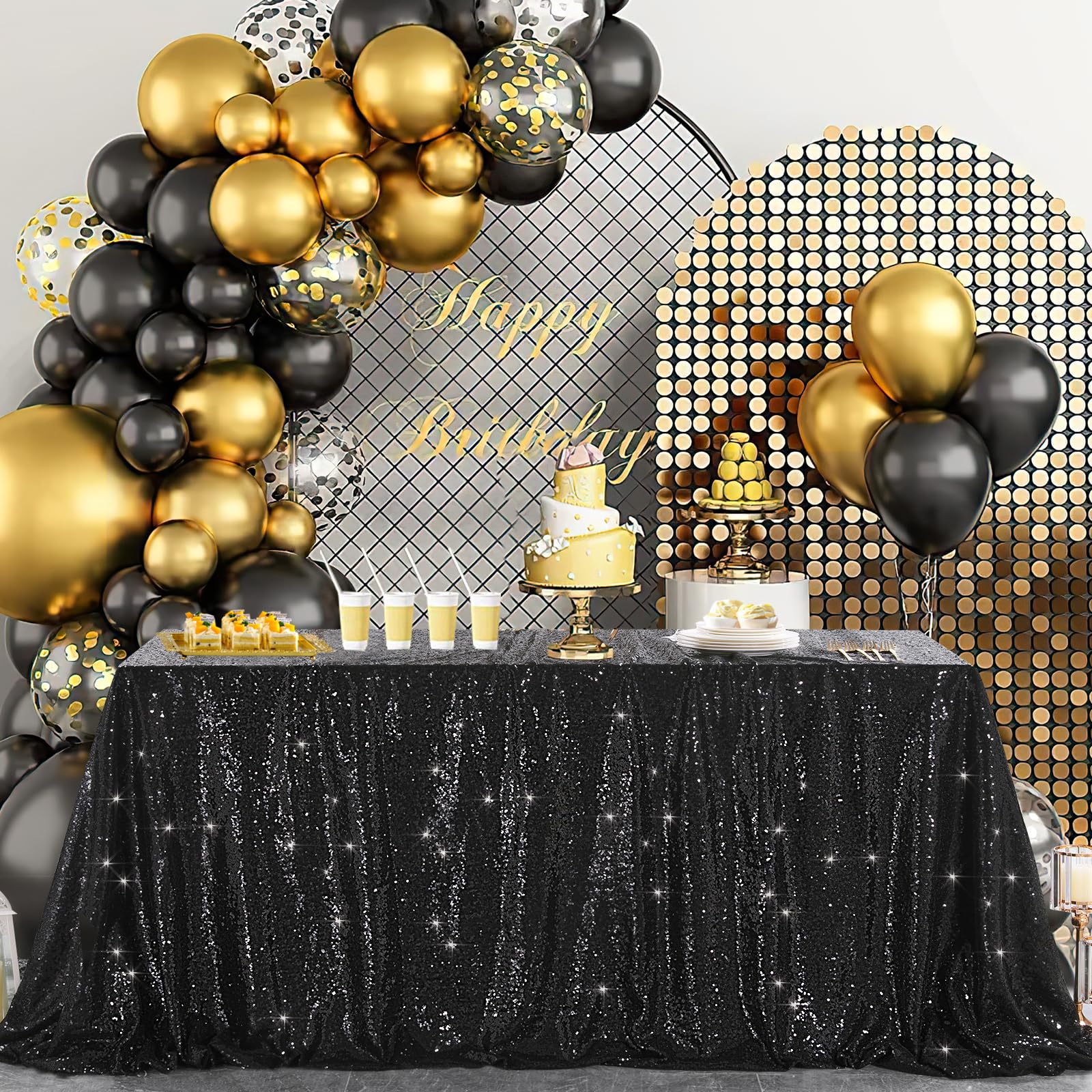 B-Cool Seamless Sequin Table Cloth Black Glitter Design Table Cloth Wedding Overlay Birthday Party Tables Decoration 90X132-Inch