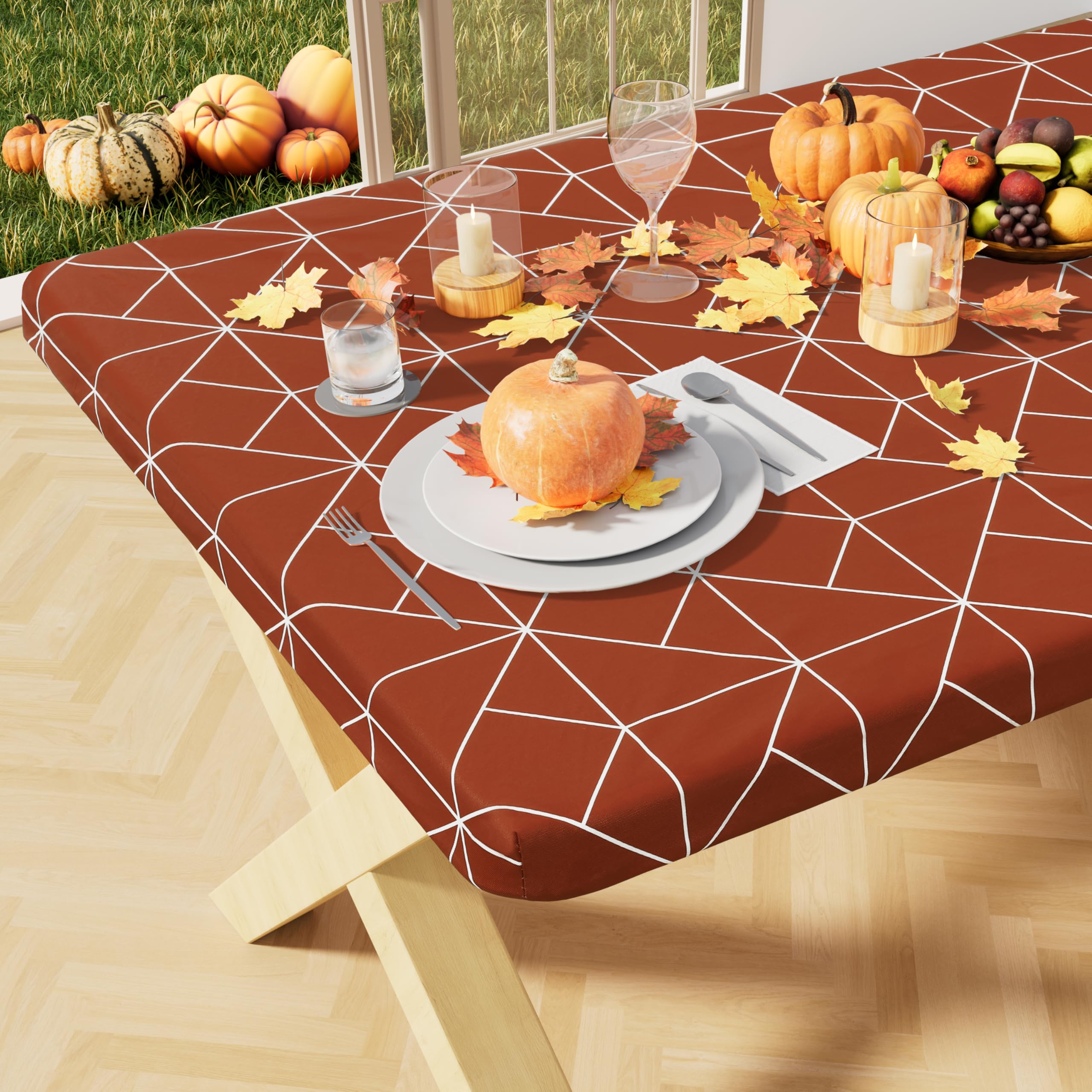 misaya Rectangle Vinyl Tablecloth, 8 Foot Elastic Fitted Table Cover with Flannel Backing, 100% Waterproof Plastic Table Cloth f