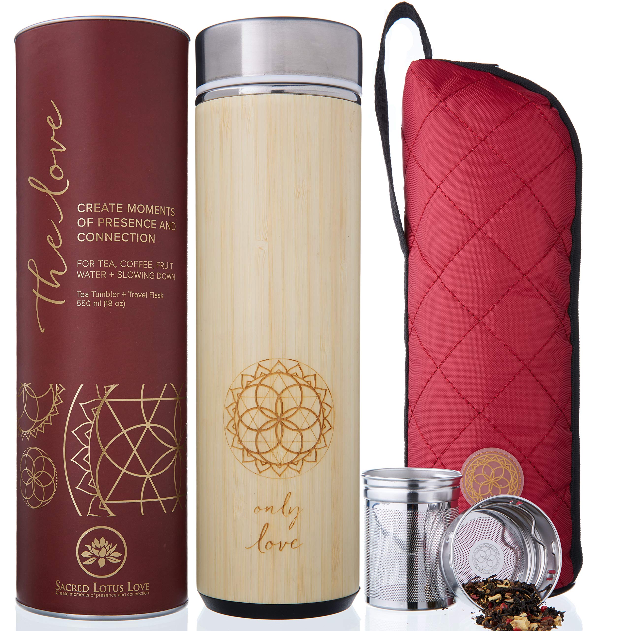 Sacred Lotus Love Insulated Bamboo Tea Travel Tumbler with Infuser, Strainer & Sleeve - For Hot Coffee or Cold, Stainless Steel 
