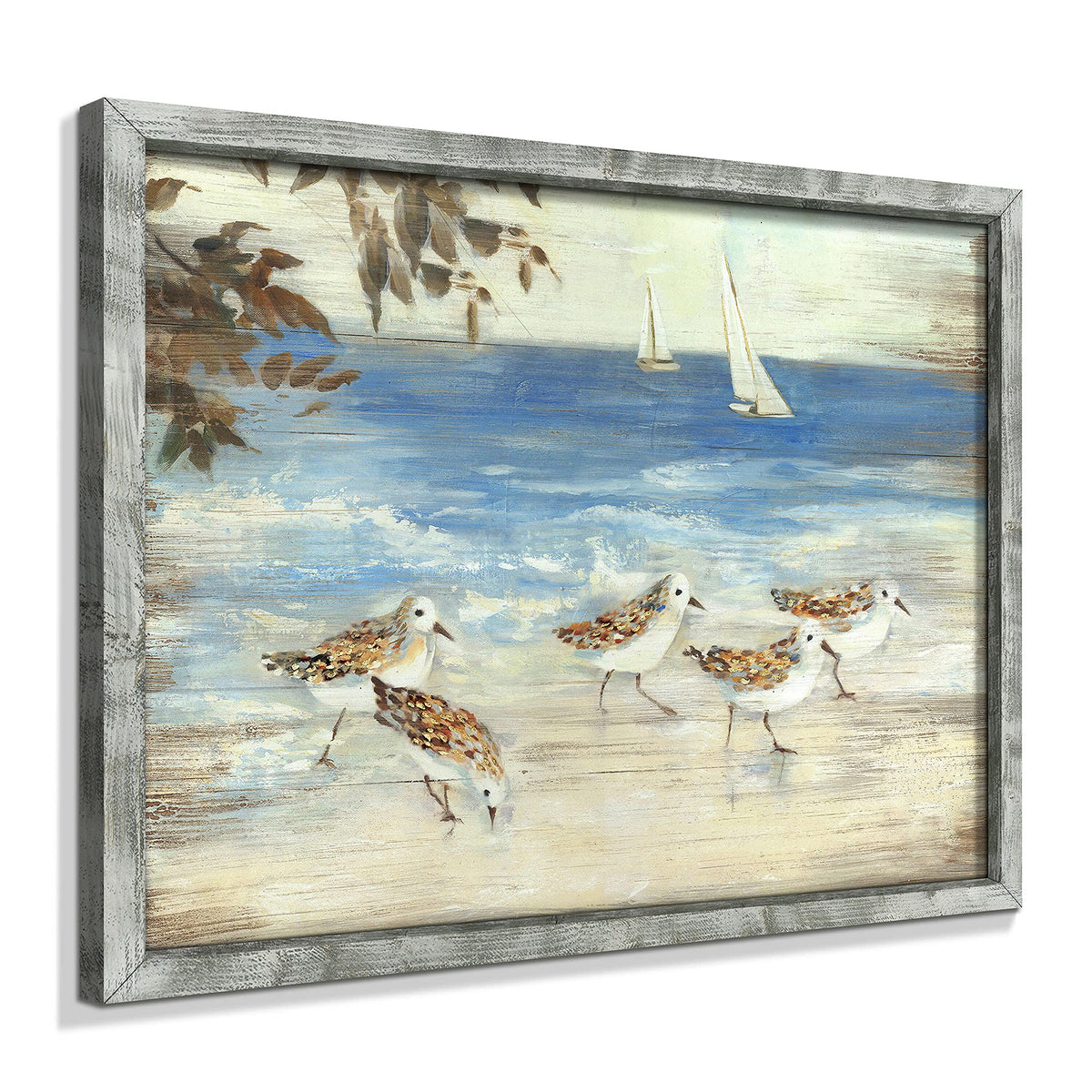 Ocean Framed Wooden Wall Art: Abstract Beach Oil Painting Style Sea Bird Pictures Ocean Prints Peaceful Coastal Artwork For Offi