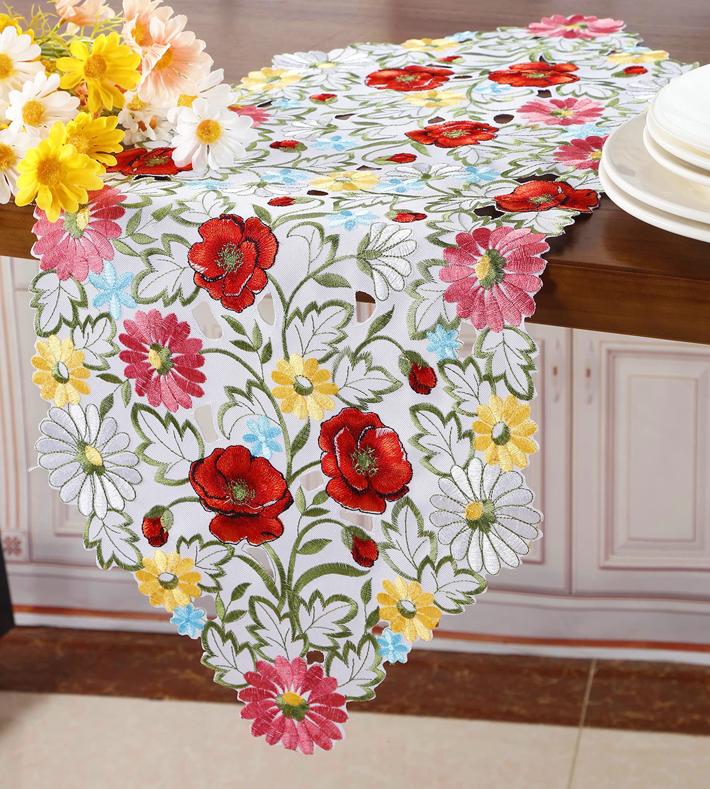 Spring Flower Table Runner Embroidered Flowery Table Placemats Floral Cutwork Table Doily Home Kitchen Dining Spring/Summer Tabl
