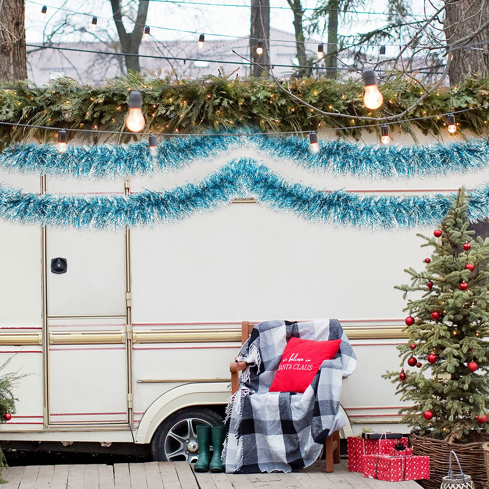 Waydress Christmas Tinsel Garland Xmas Hanging Metallic Shiny Tinsel Wreath Christmas Tree Decor for Home Indoor Outdoor Holiday