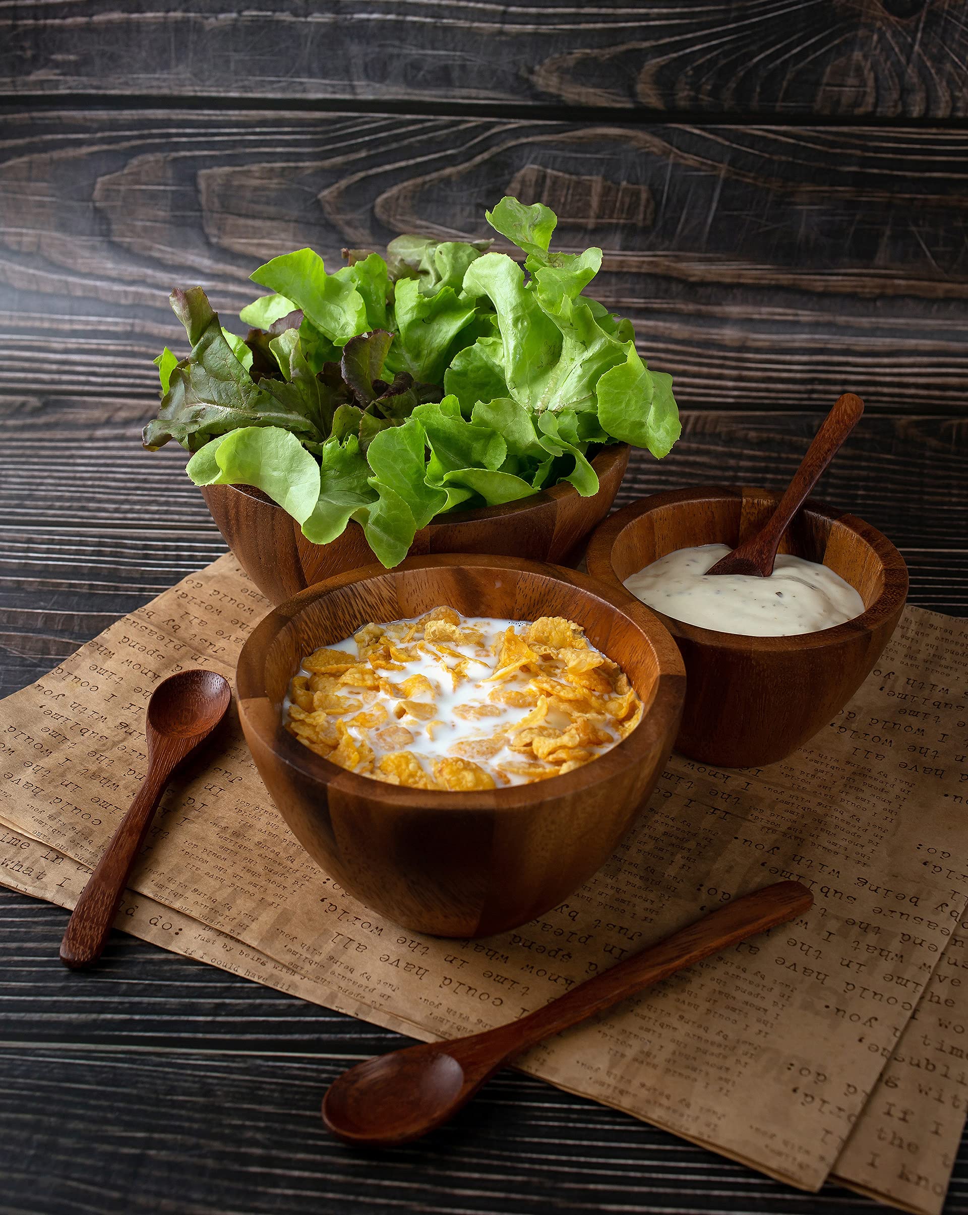 Bestysuperstore Tiny Nesting Round Wood Bowls Mix Size 4 '', 5 '', 6 '' Stackable Acacia Wooden Bowl Set With 3 Spoons For Servi