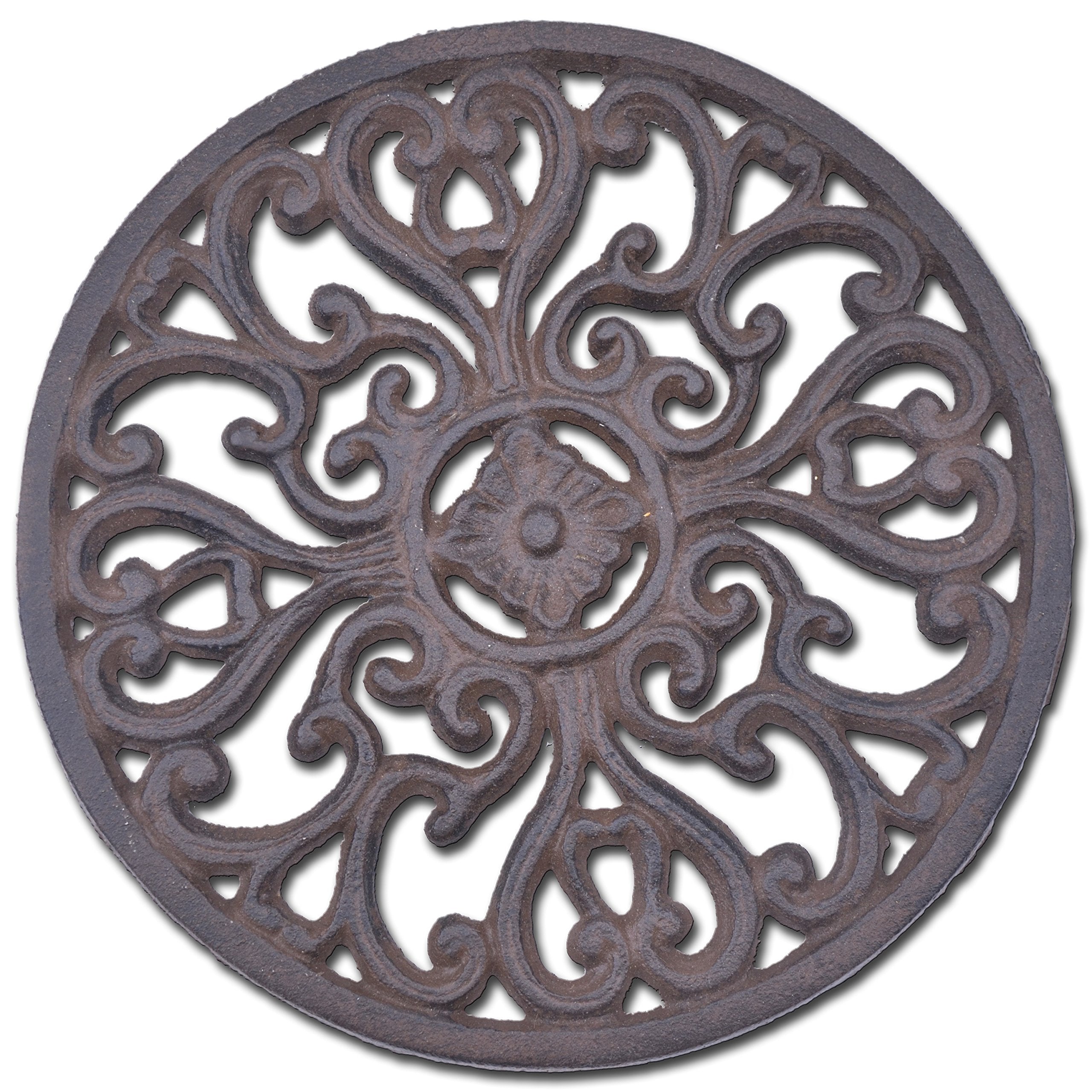 Decorative Round Cast Iron Trivet Ornate Heart Design 7'' Wide