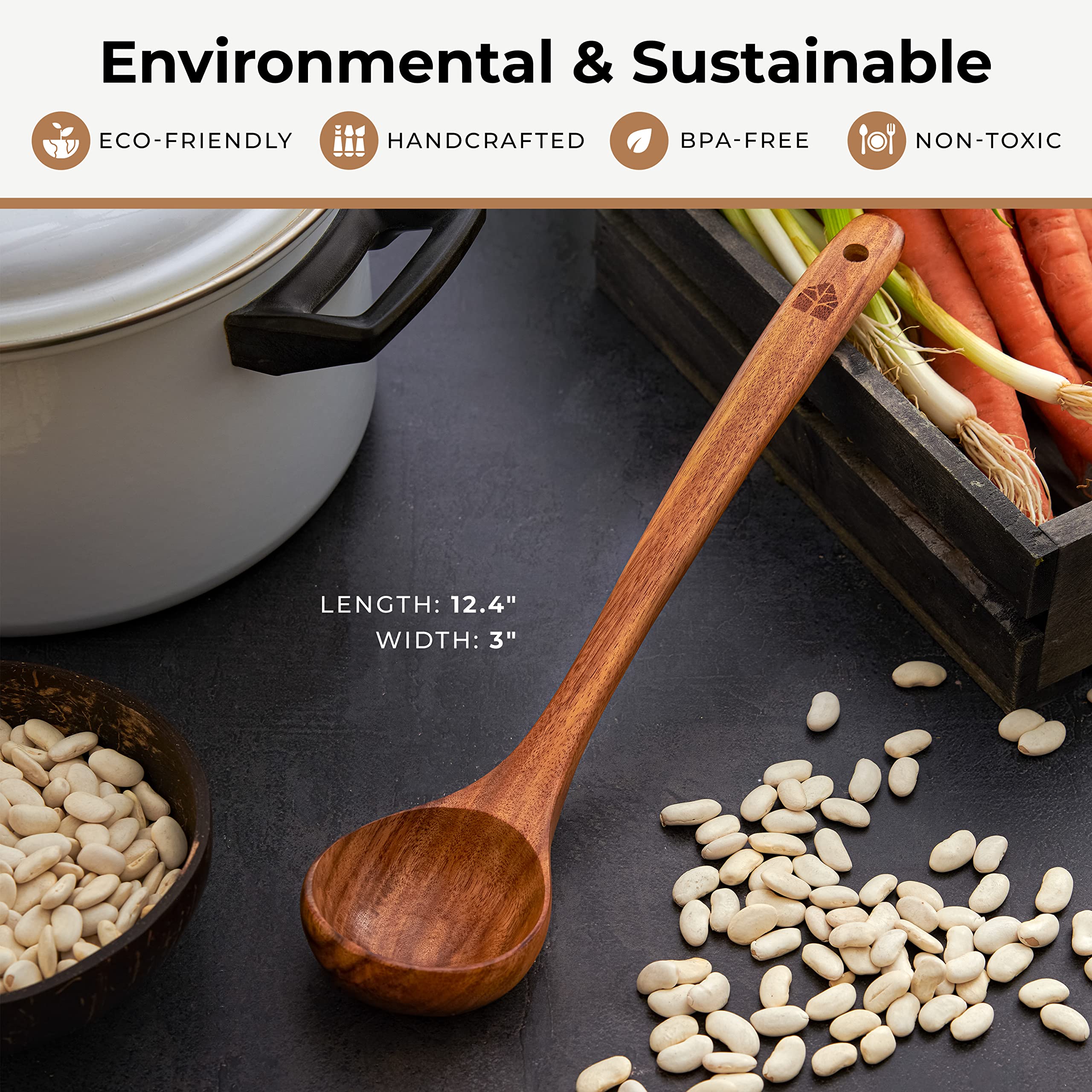 WOODENHOUSE Teak Wooden Ladle - 12.4" Cooking Spoon, 2 oz Medium Scoop, Eco-Friendly Natural Color