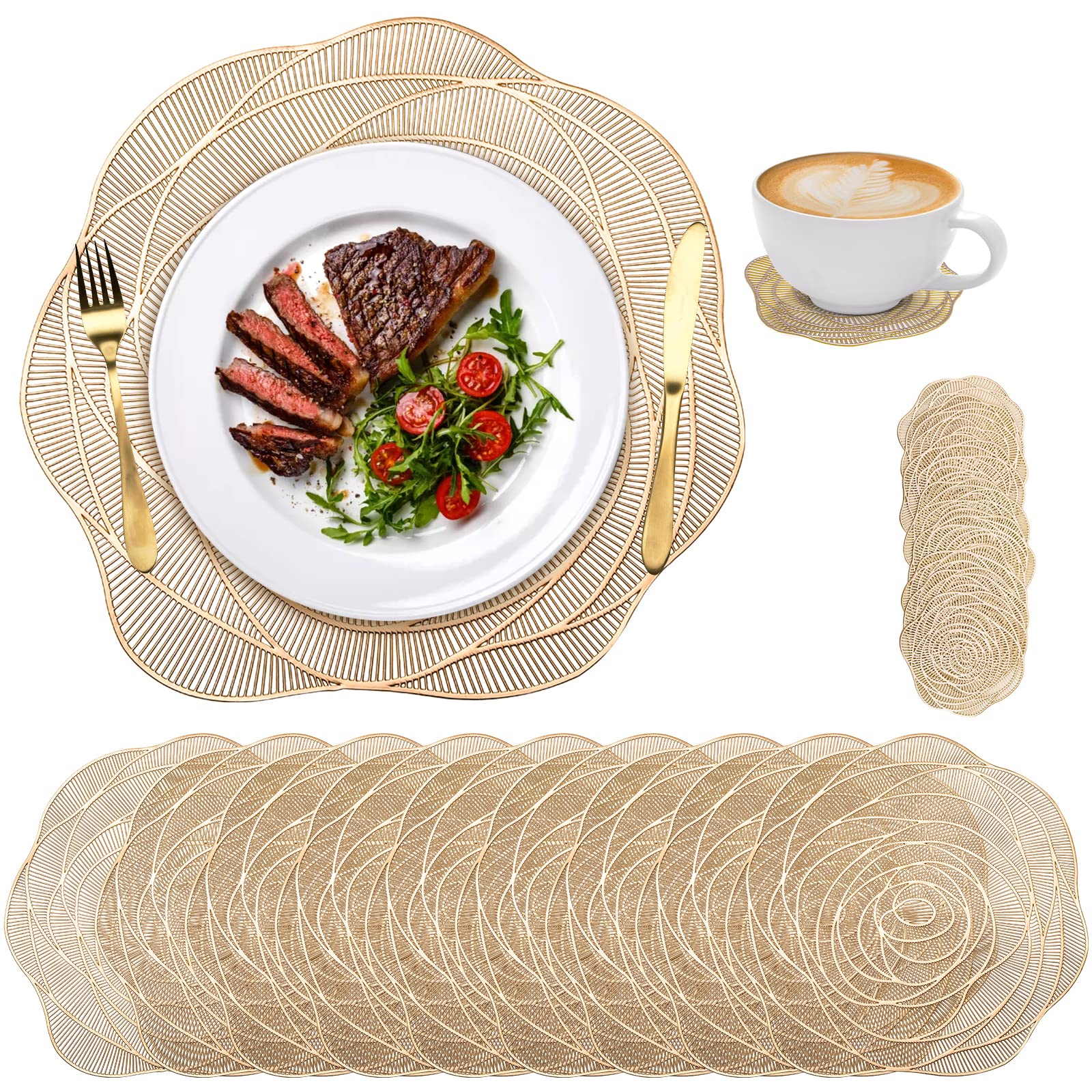 Lyellfe 20 Pack Gold Pressed Vinyl Placemats, 15 Inch Metallic Non-Slip Washable Pvc Chargers Placemat, Including 10 Placemats A