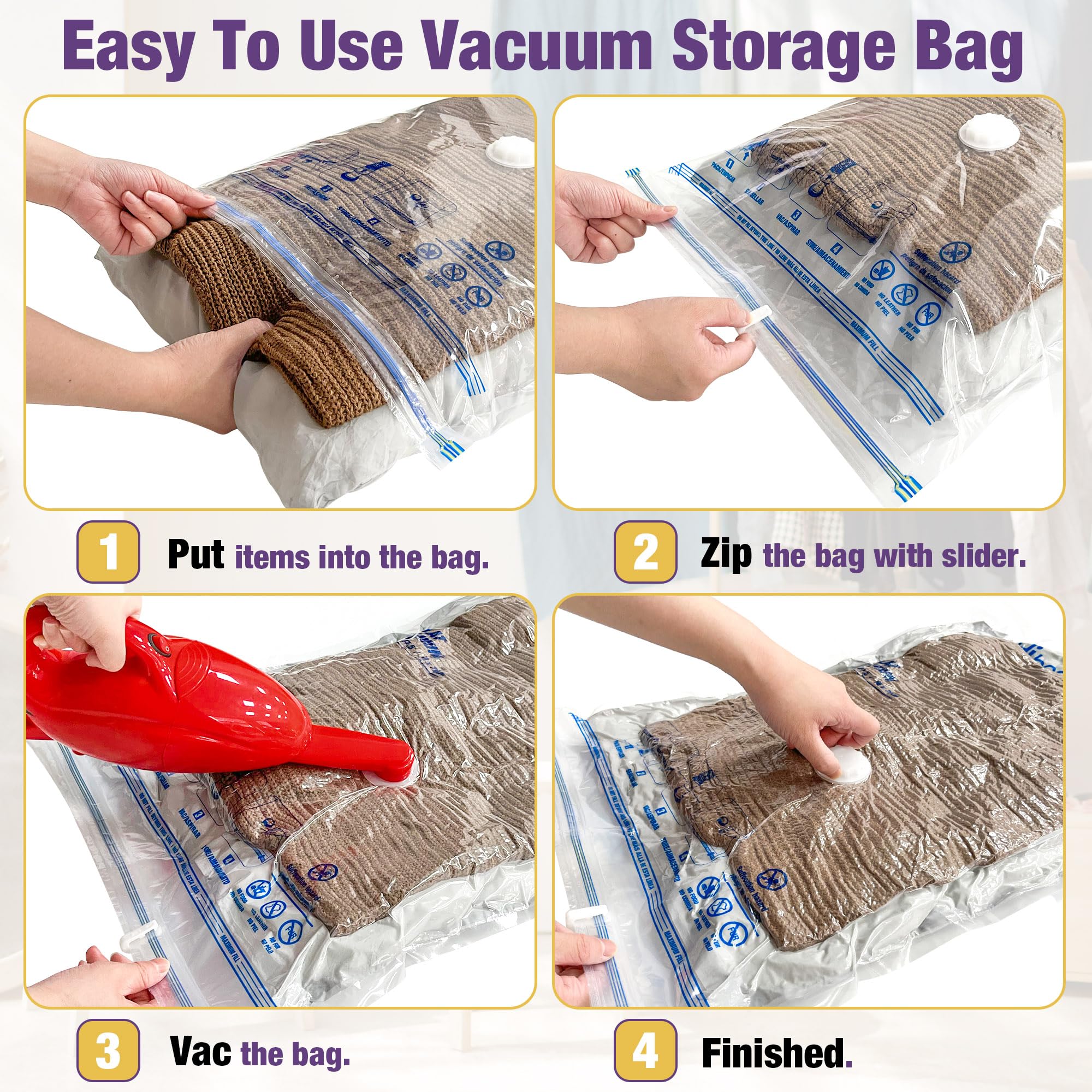 HIBAG Vacuum Storage Bags, 10-Pack Vacuum Seal Bags for Clothing Clothes, Space Saver Bags (2 Jumbo, 2 Large, 2 Medium, 2 Small,