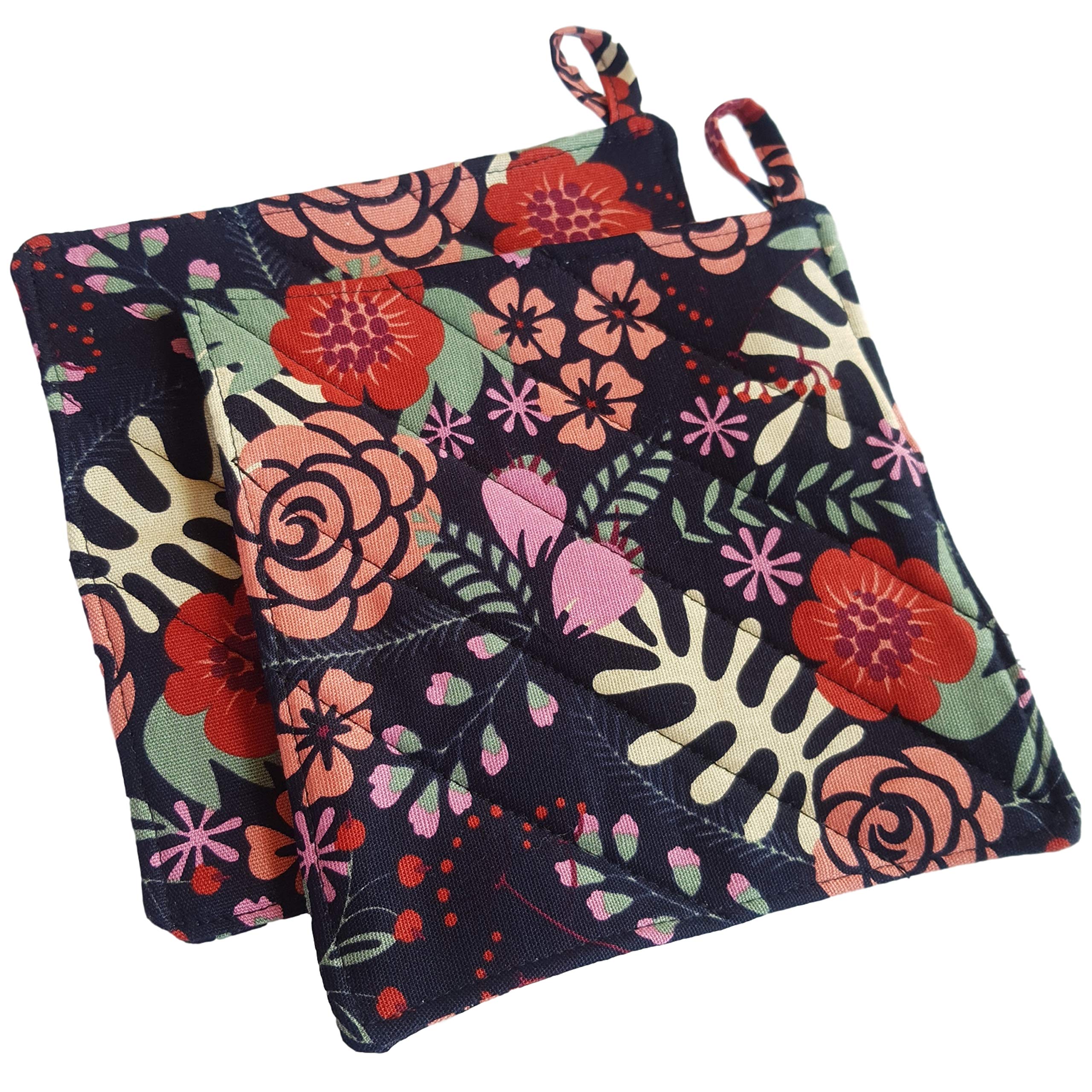 Cushystore Canvas Pot Holder Oven Pads Potholders Navy Blue For Cooking Kitchen 7.75'', 2 Pack (Exotic Flower)