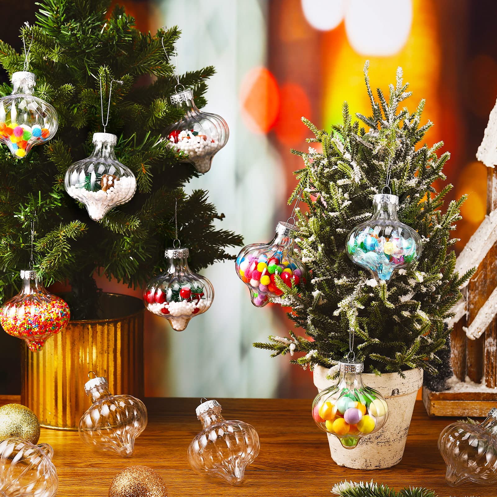 Leitee 12 Pcs Christmas Plastic Ornament Balls, 3 Inches Lantern Shape Fillable Clear Ornaments Balls with Screw Off Caps and Ro