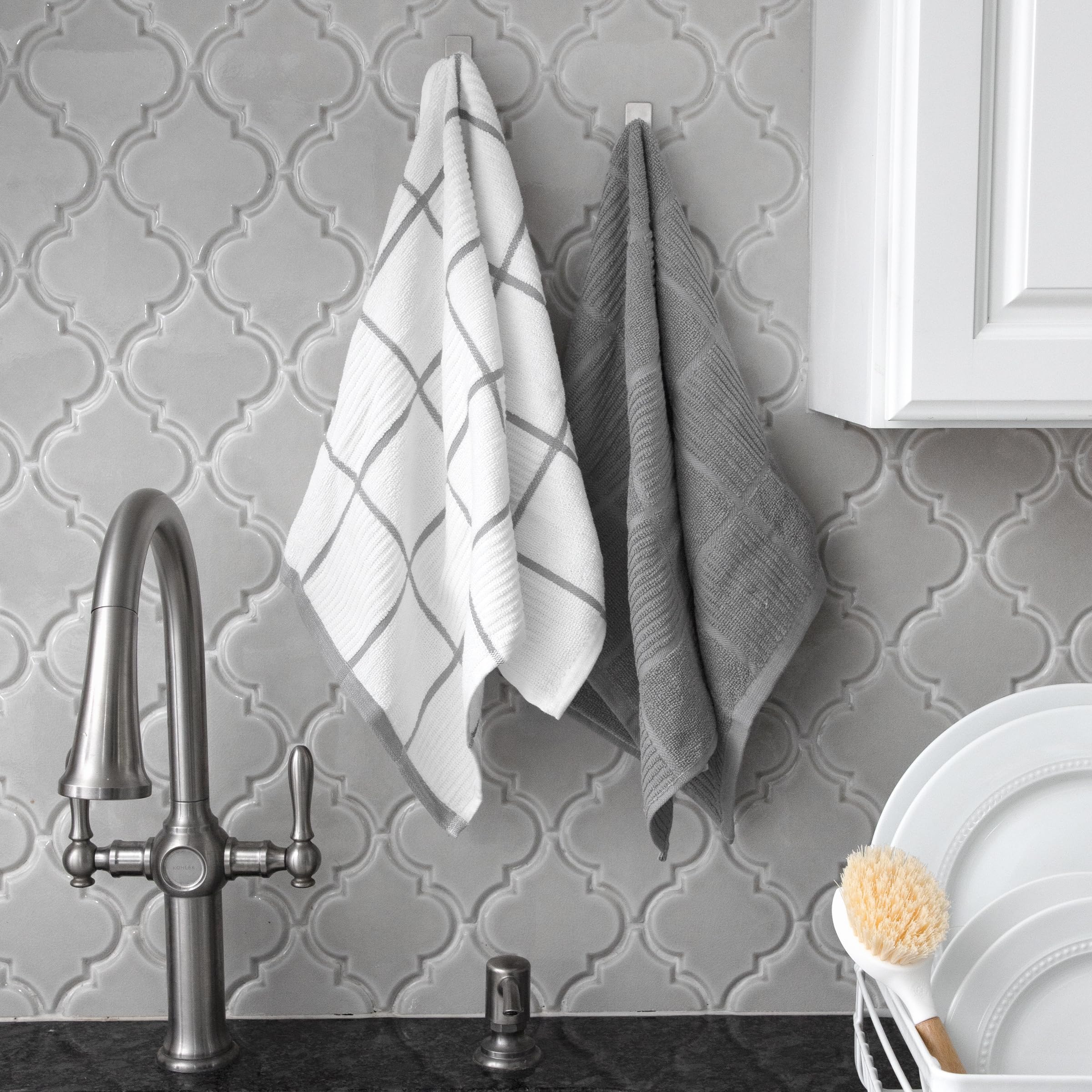 T-Fal Textiles Kitchen Towels 2-Pack Parquet  Solid/Check - 2 Pack  Gray  2 Count