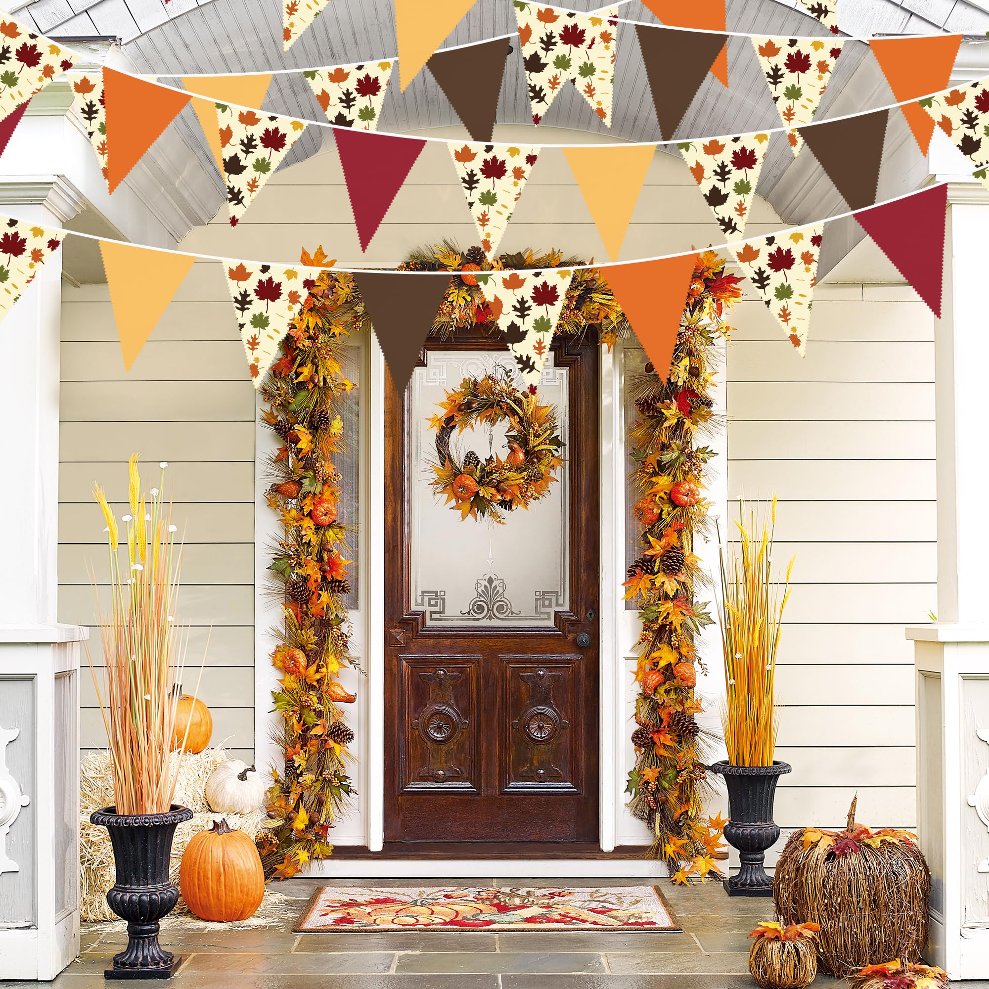 31Ft Fall Party Decorations Orange Brown Fall Maple Leaves Banner Fabric Triangle Flag Pennant Garland Streamers For Happy Fall