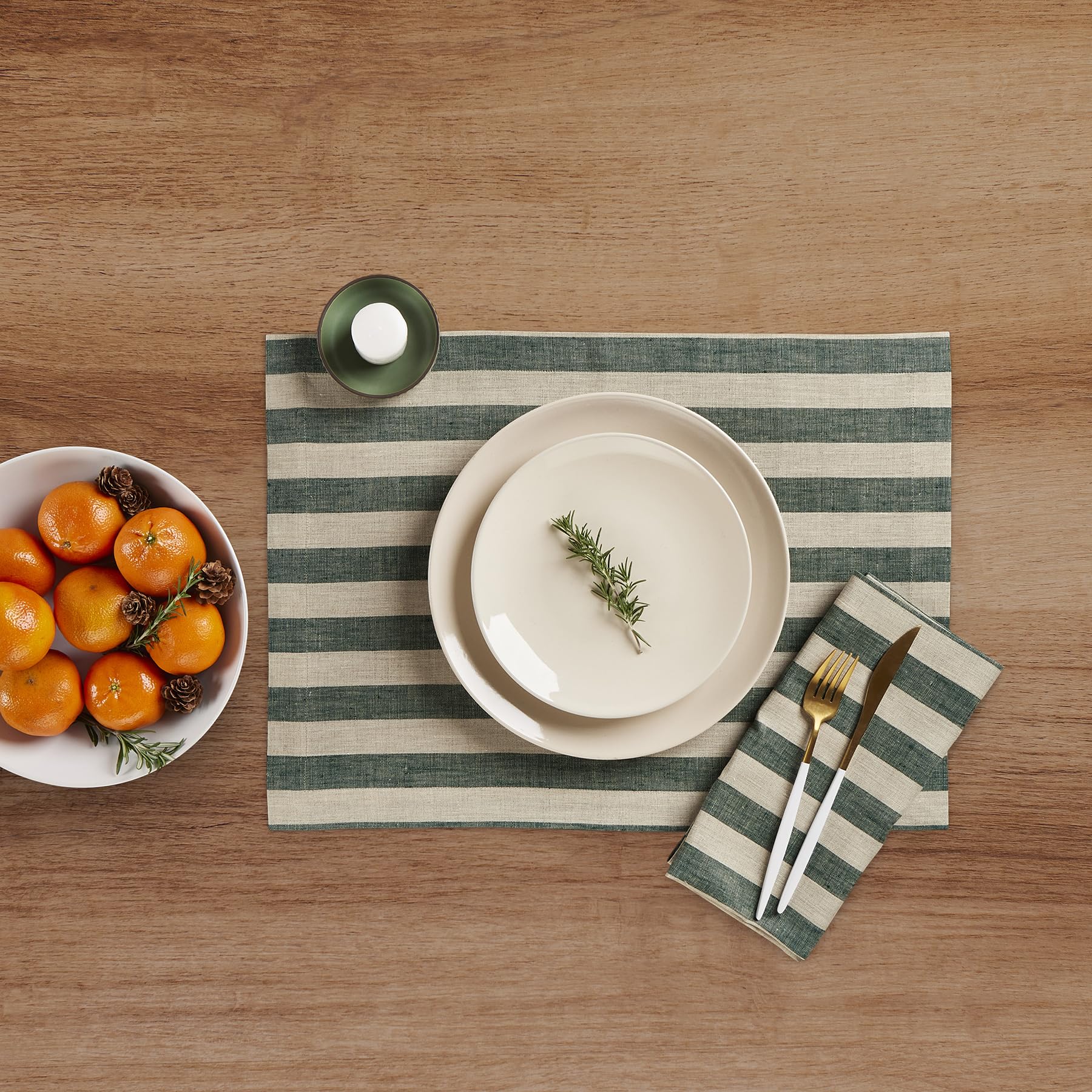 Solino Home Stripe Linen Placemats 19'' L X 14'' W Inch - 100% Pure Linen Hunter Green And Natural Cloth Placemats Set Of 4 - So