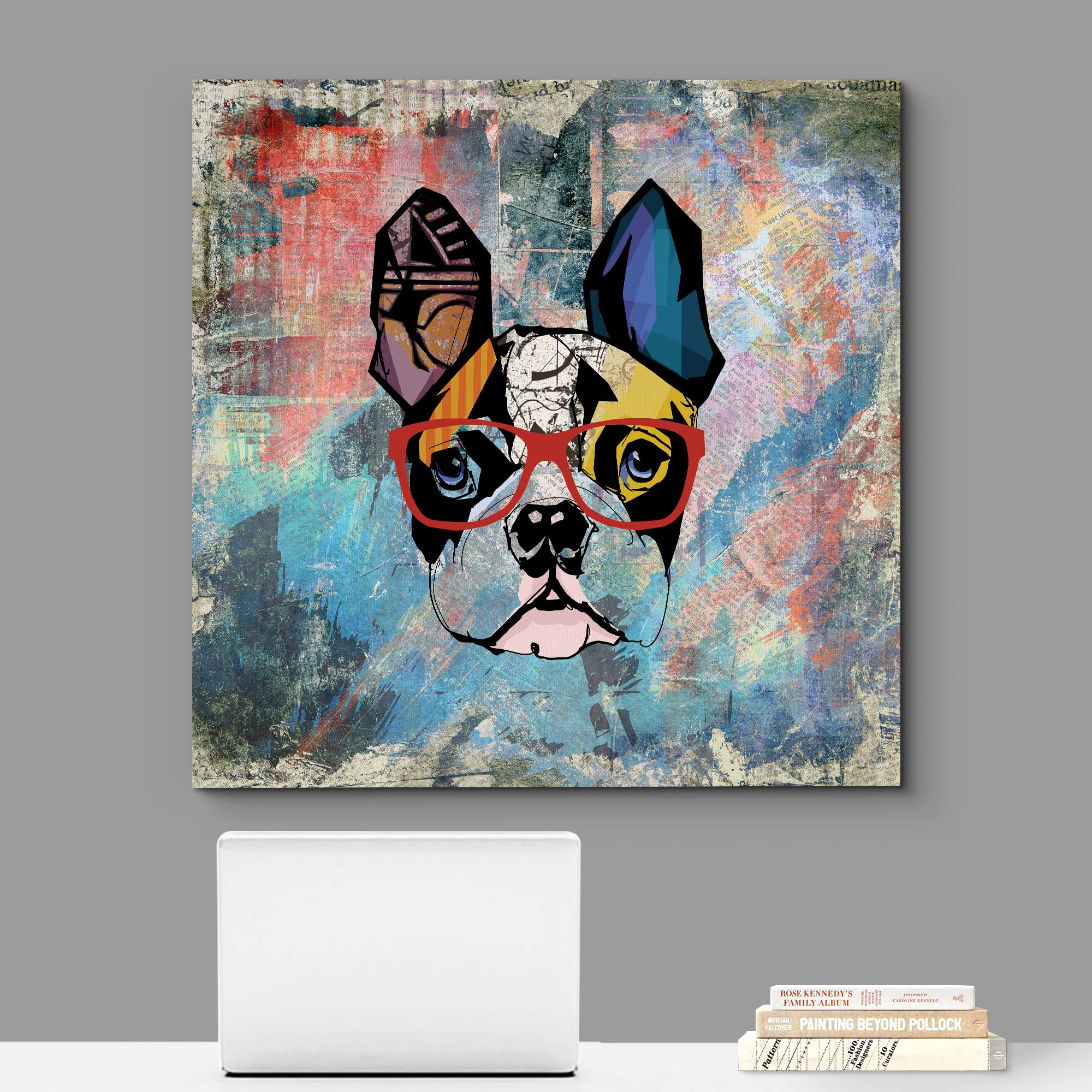 Wall26 Square Dog Series Canvas Wall Art - Colorful Painting Of A Dog With Glasses With Grunge Background - Giclee Print Gallery