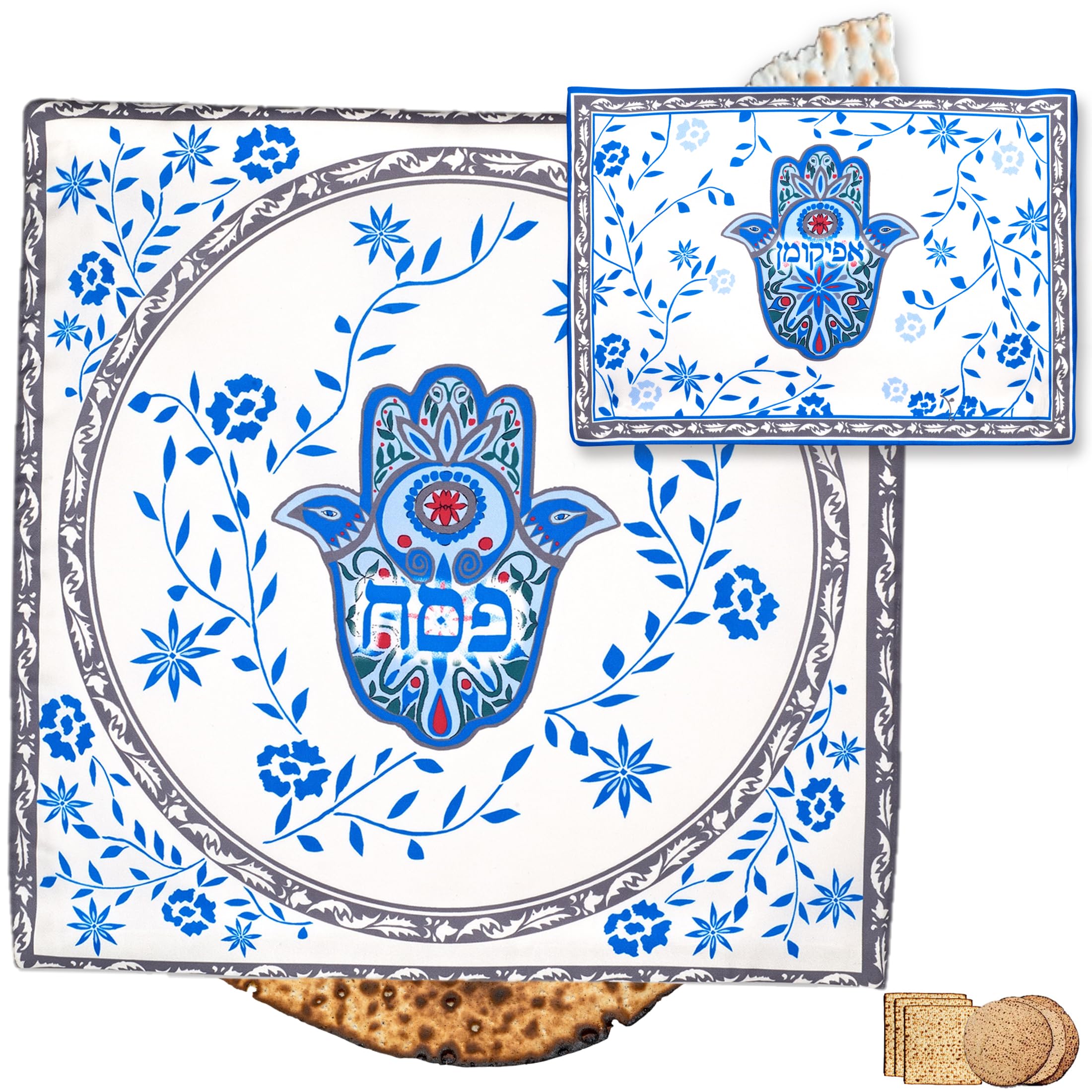 Aviv Judaica Stunning Hamsa Silk Passover Seder Matzah Cover Set 15 Floral Design 3 Pocket Matzos Holder Fits Round Shmurah Matz