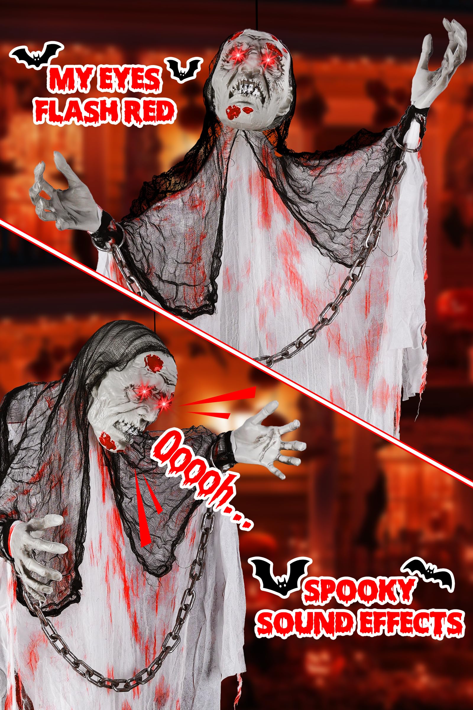 Joomer Animated Halloween Decorations, Life-Size Animatronic Hanging Ghost Scary, Faceless Grim Reaper Swing White Robe with Cre