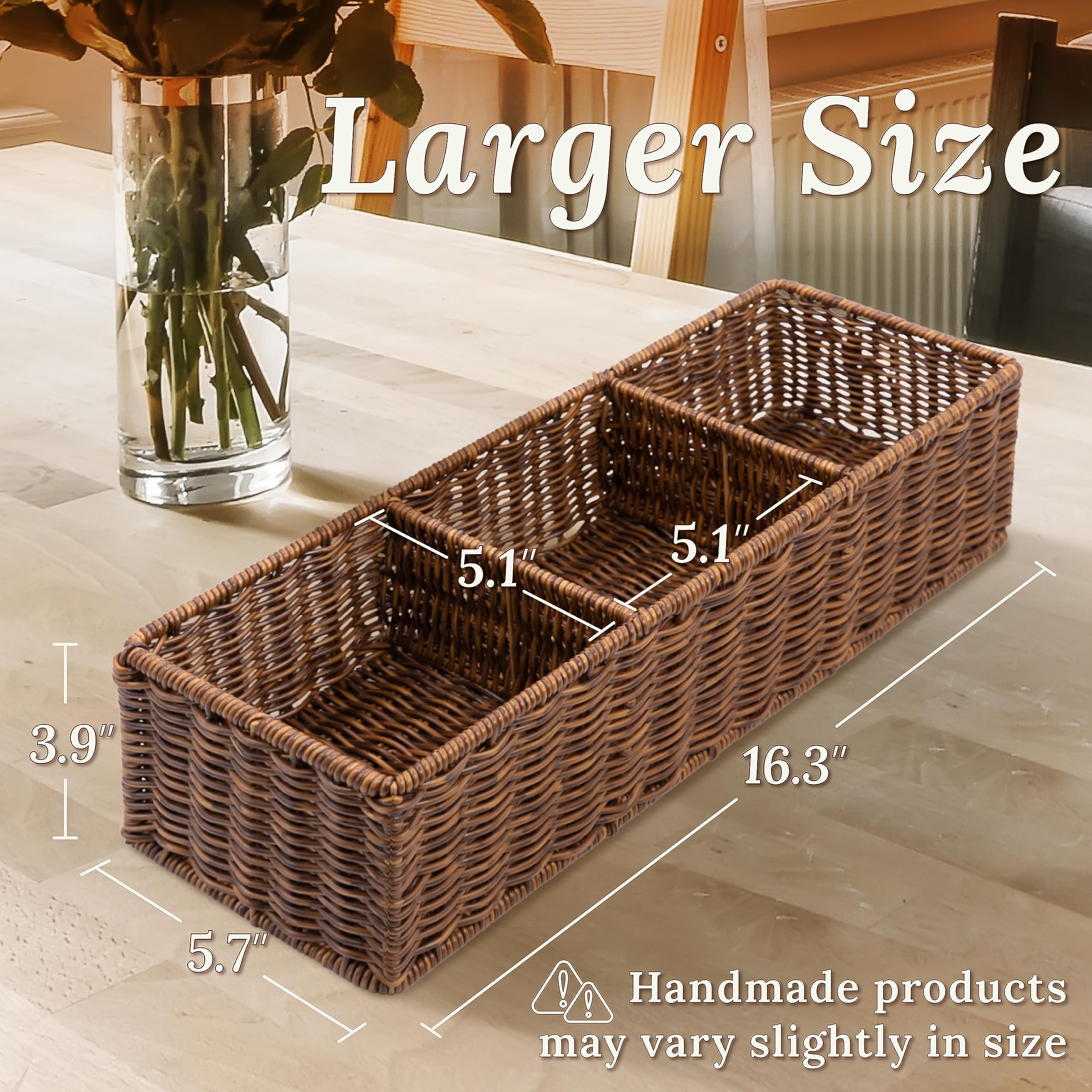 Weenest Wicker Basket With 3 Compartments, Toilet Paper Holder Storage, Behind Toilet Bathroom Organizer, Bathroom Sink Organize