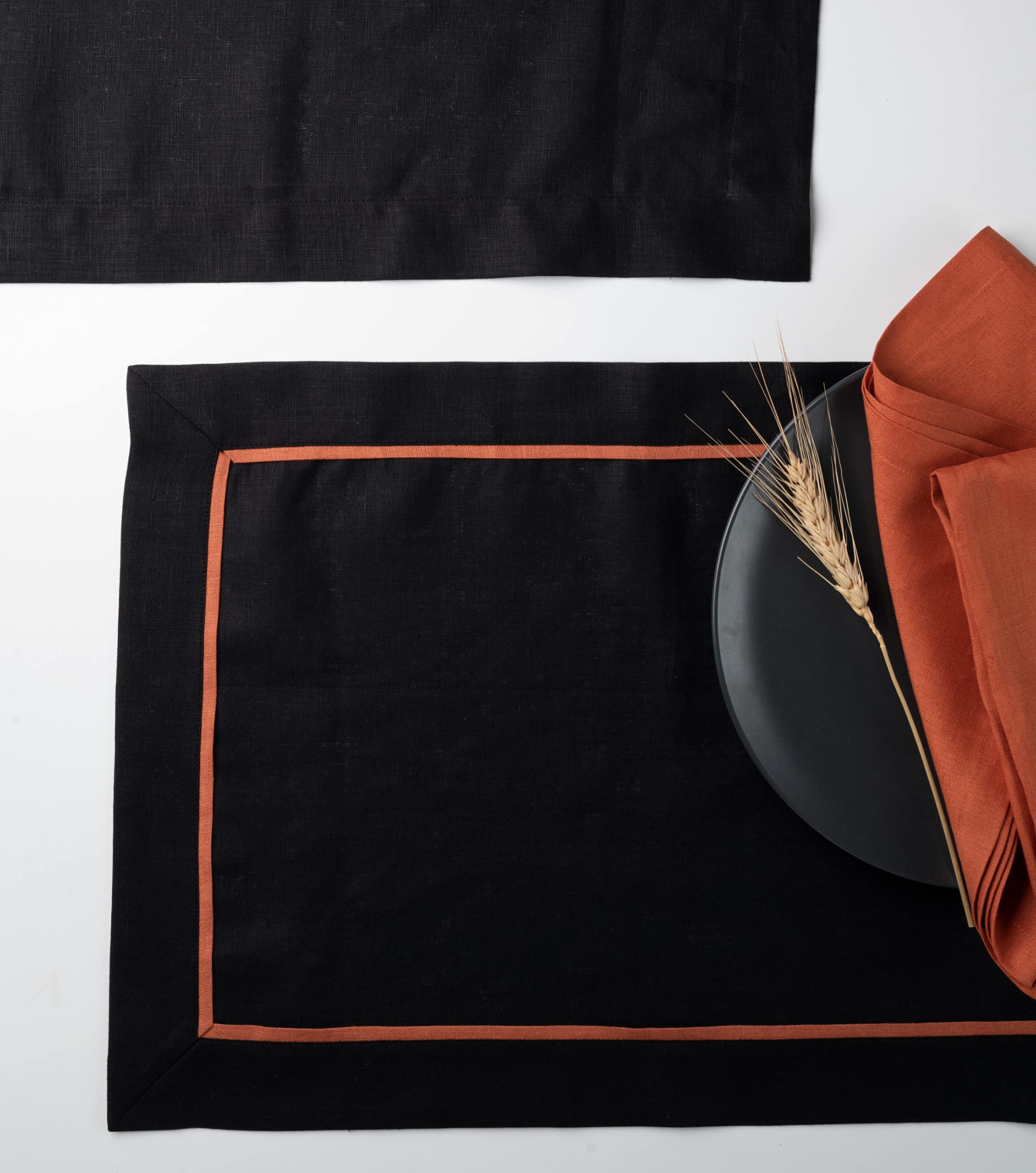 D'Moksha Homes Black Linen Placemats With Pumpkin Trim, Set Of 4-14 X 19 Inch, 100% Pure Linen Fabric Placemats Black & Pumpkin,