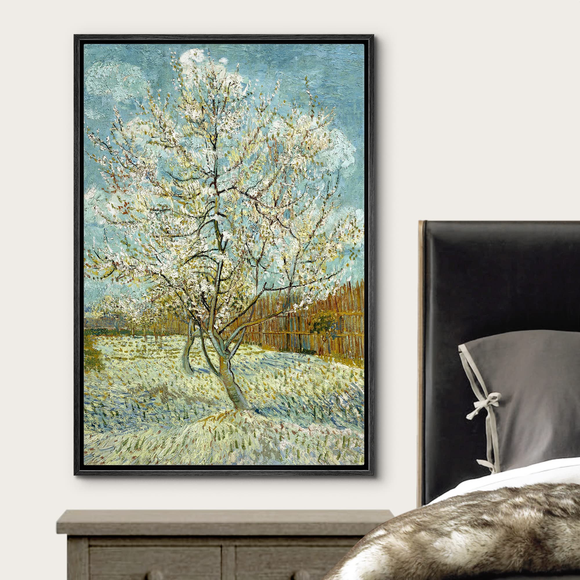 Wall26 The Pink Peach Tree By Vincent Van Gogh - Framed Canvas Print Wall Art Famous Oil Painting Reproduction - 24''X36'' Black